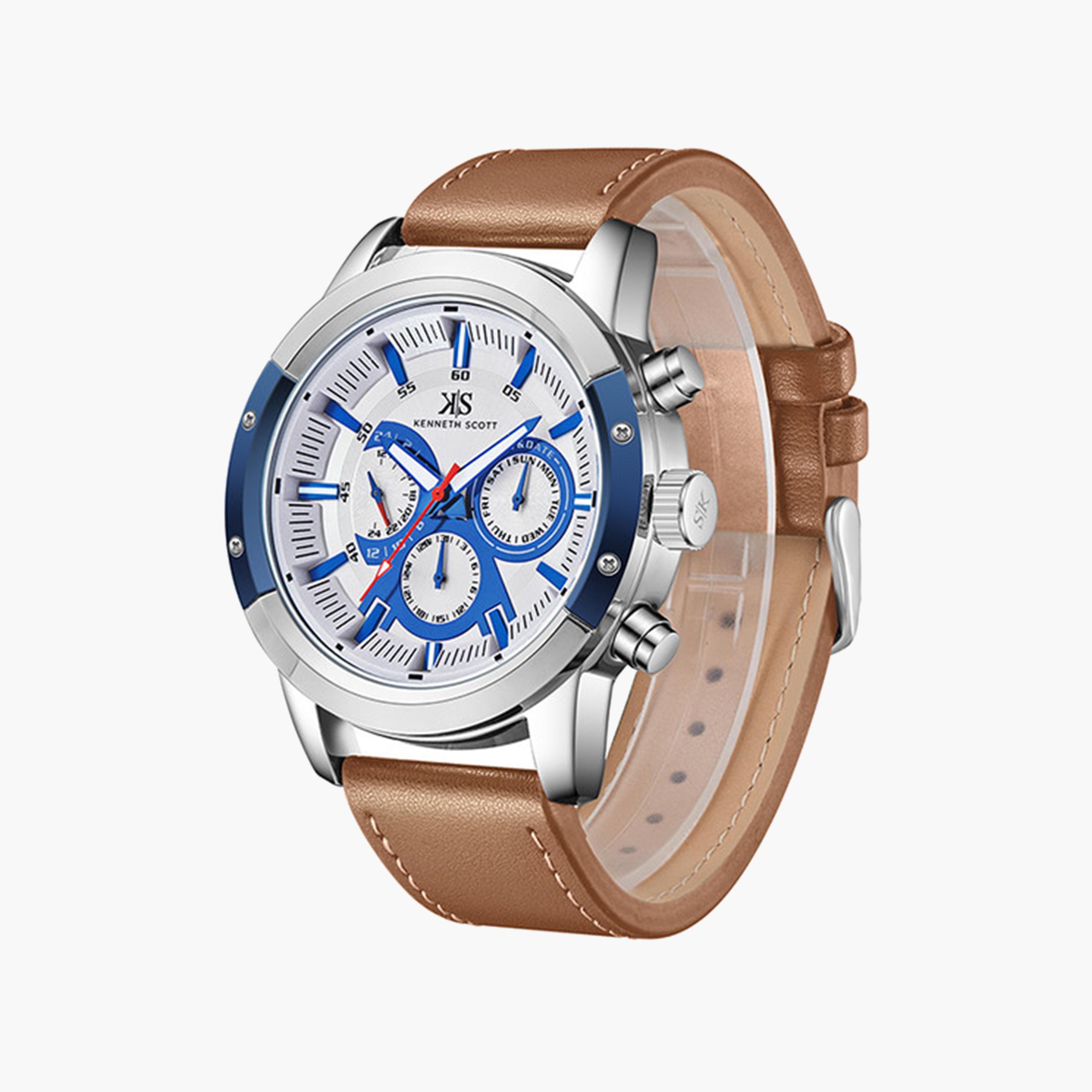 Kenneth Scott Men's 50 MM Brown Strap Chronograph Leather Watch | K24121-SLFWN-men-watchesandjewellery-watches-image-2