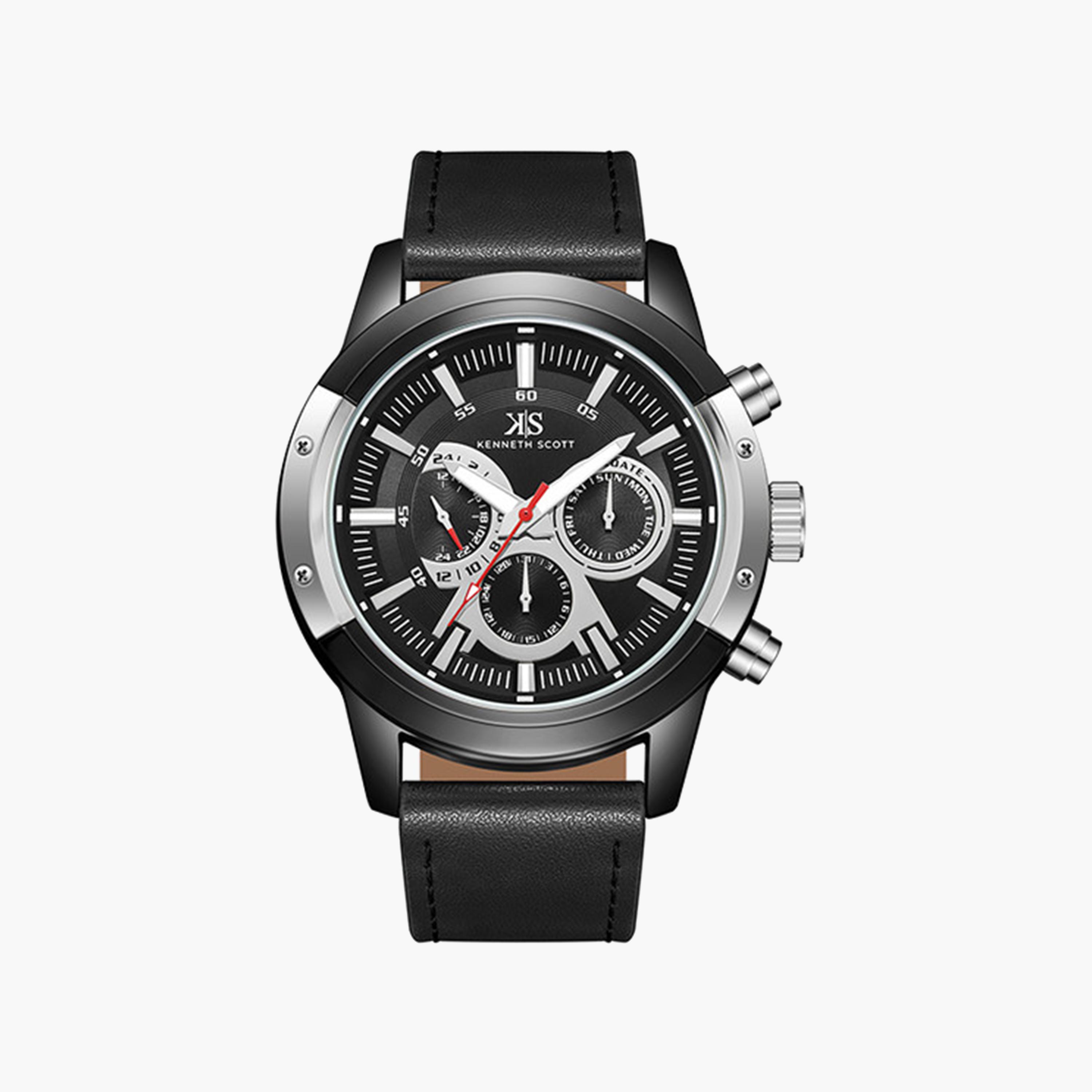 كينيث سكوت-  ساعة رجالية كرونوغراف من الجلد سوار أسود   50 مم | K24121-BLBB-men-watchesandjewellery-watches-image-1
