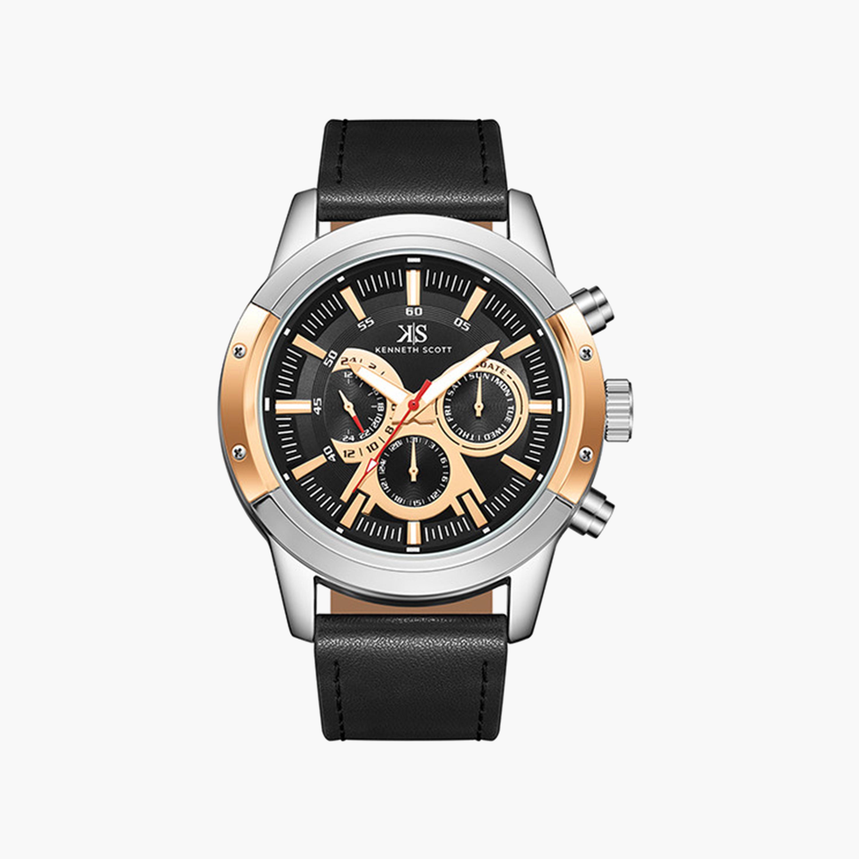 Kenneth Scott Men's 50 MM Black Strap Chronograph Leather Watch | K24121-SLBBK-men-watchesandjewellery-watches-image-1
