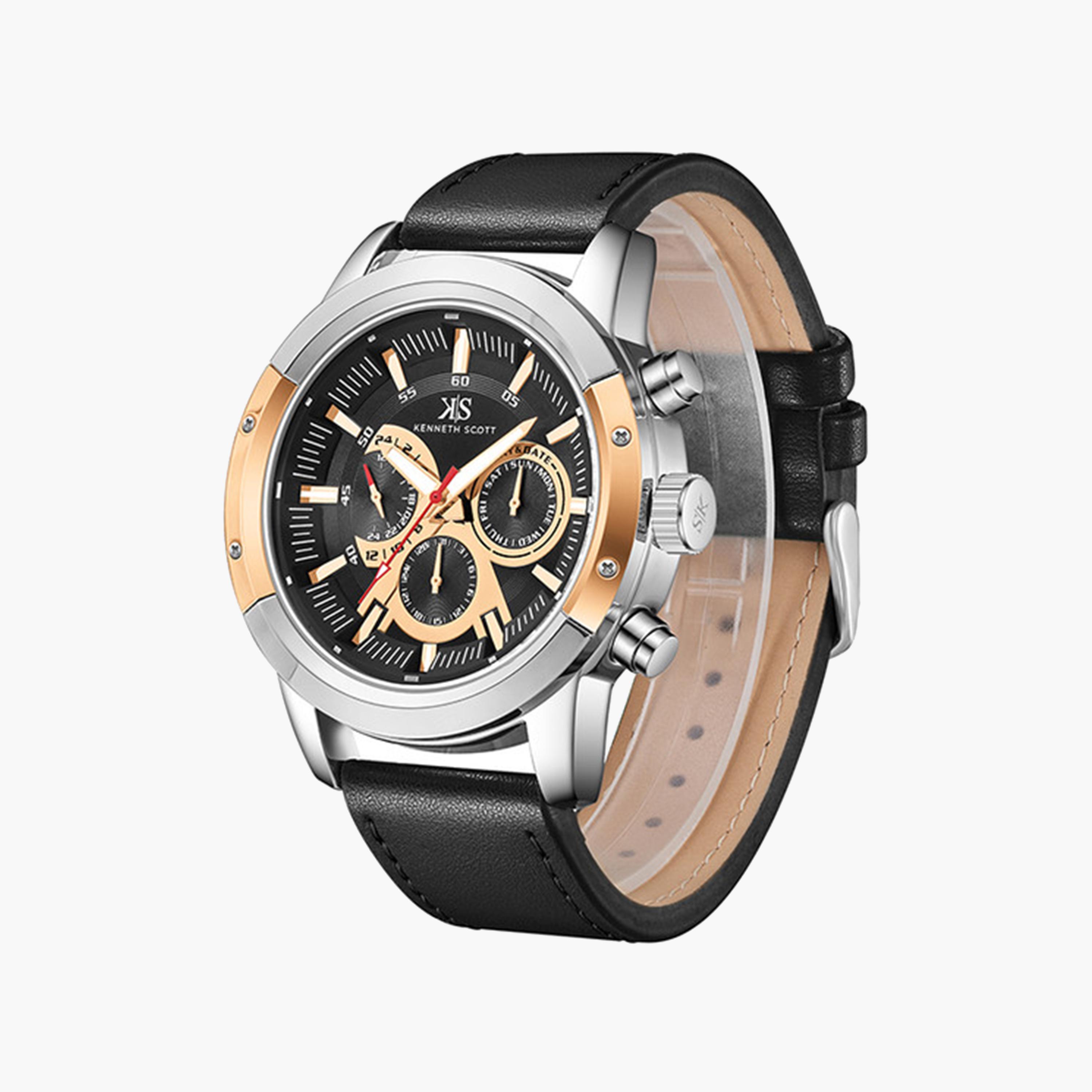 Kenneth Scott Men's 50 MM Black Strap Chronograph Leather Watch | K24121-SLBBK-men-watchesandjewellery-watches-image-2