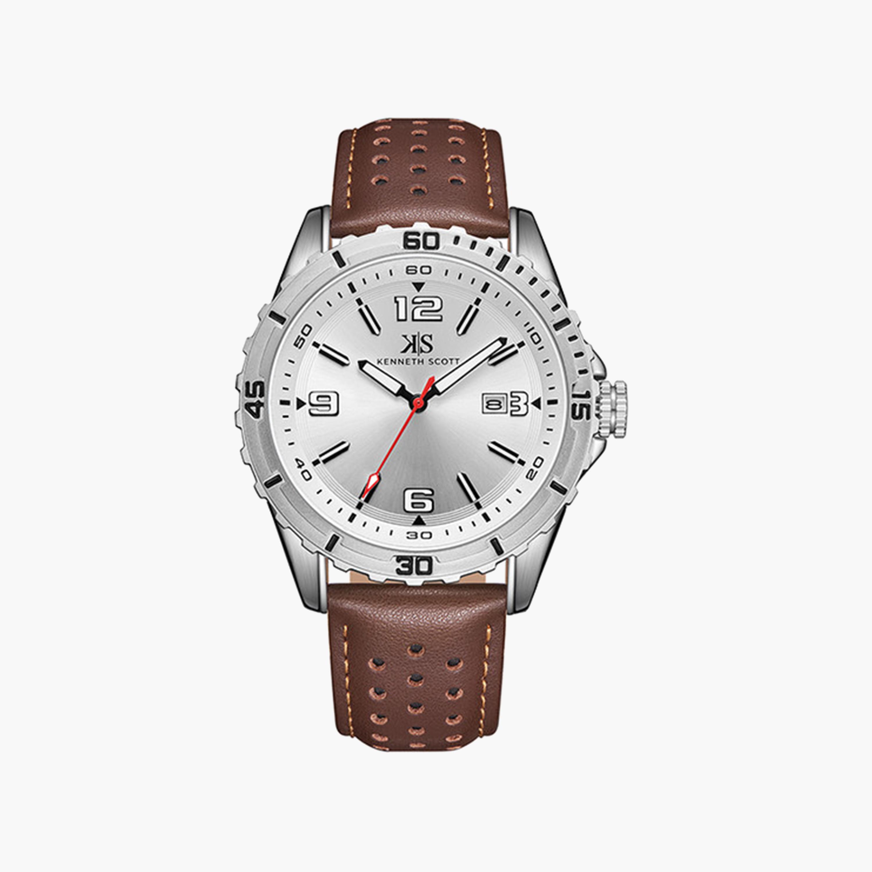 Kenneth Scott Men's 43 MM Brown Strap Analog Leather Watch | K24022-SLDW-men-watchesandjewellery-watches-image-1