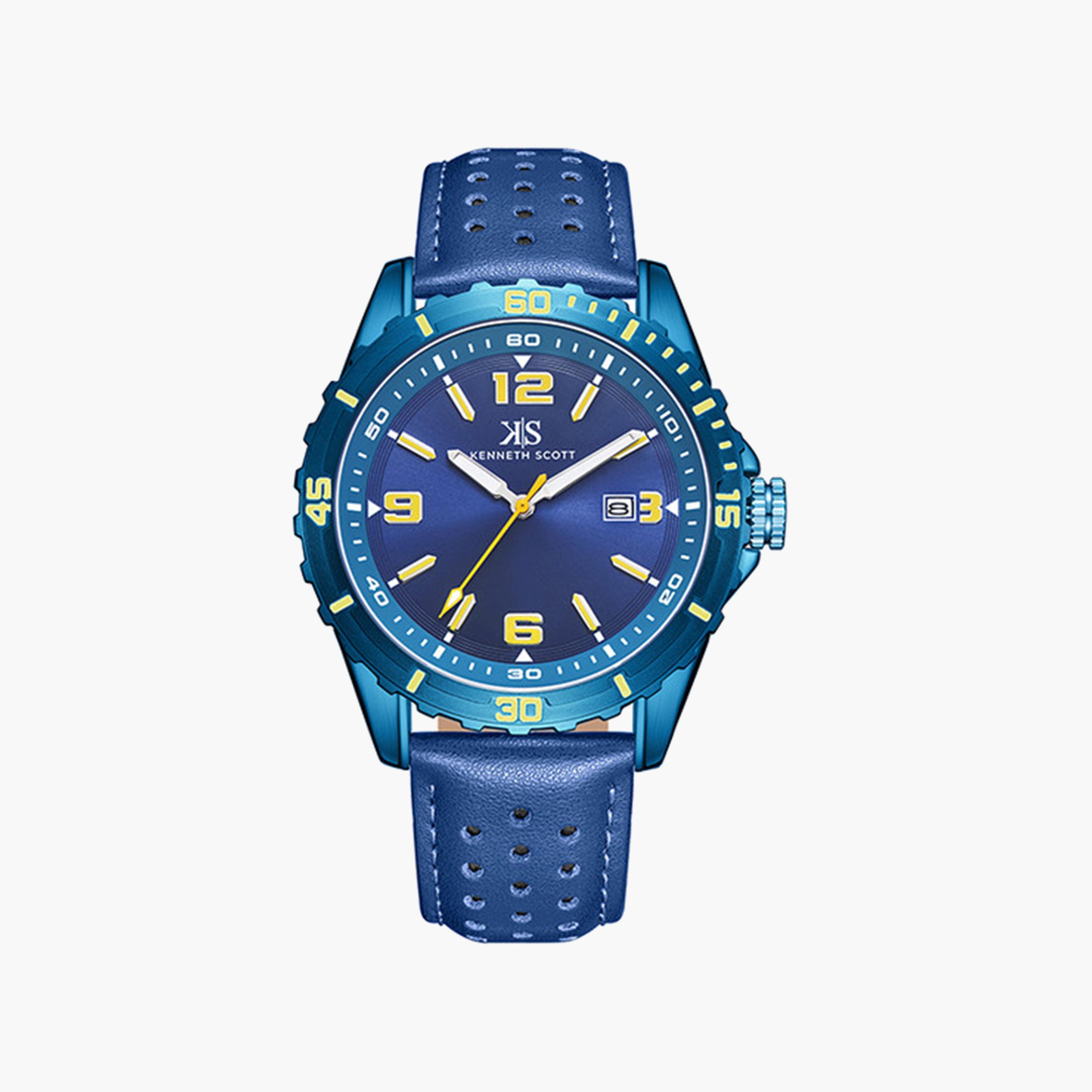 Kenneth Scott Men's 43 MM Blue Strap Analog Leather Watch | K24022-NLNNY-men-watchesandjewellery-watches-image-1