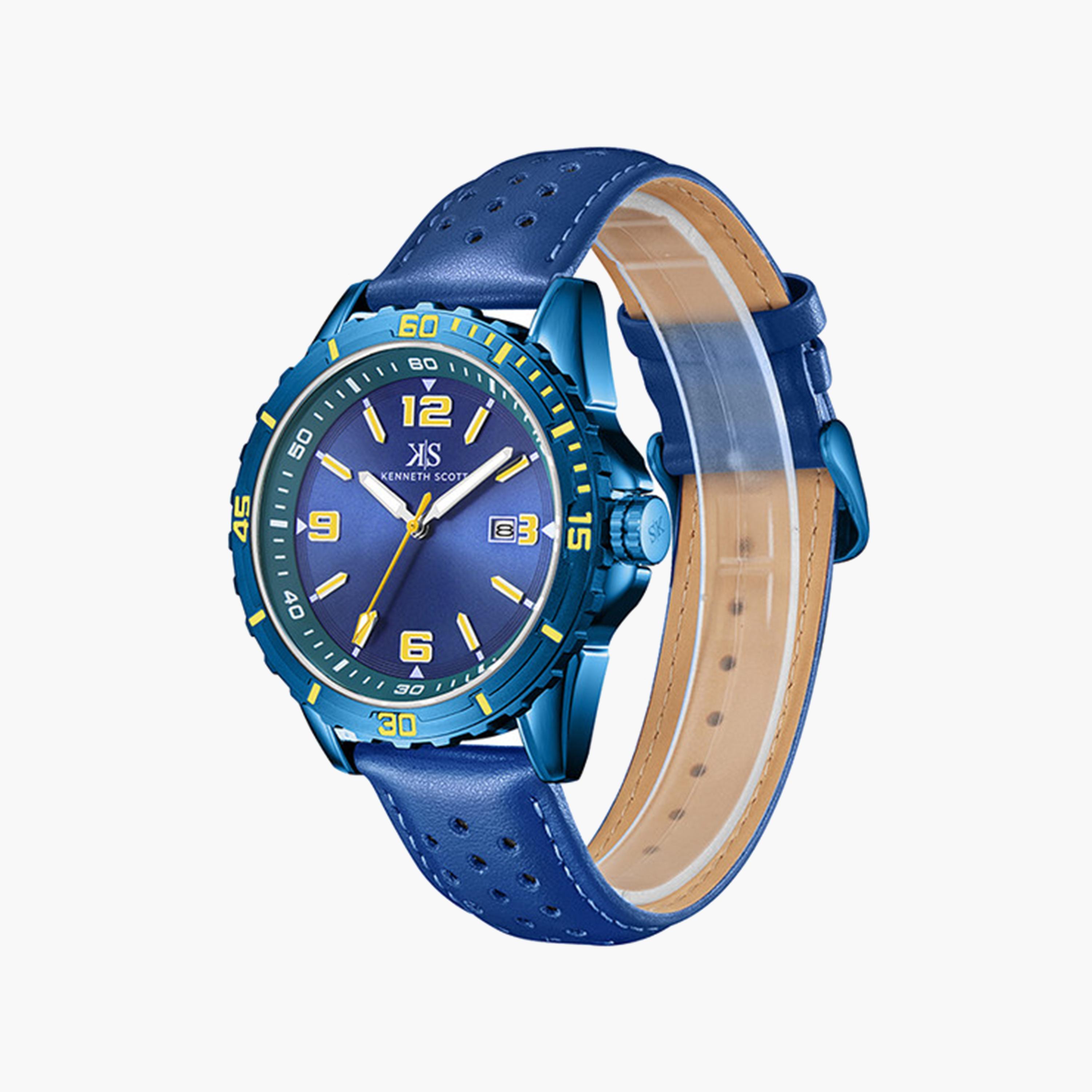 Kenneth Scott Men's 43 MM Blue Strap Analog Leather Watch | K24022-NLNNY-men-watchesandjewellery-watches-image-2