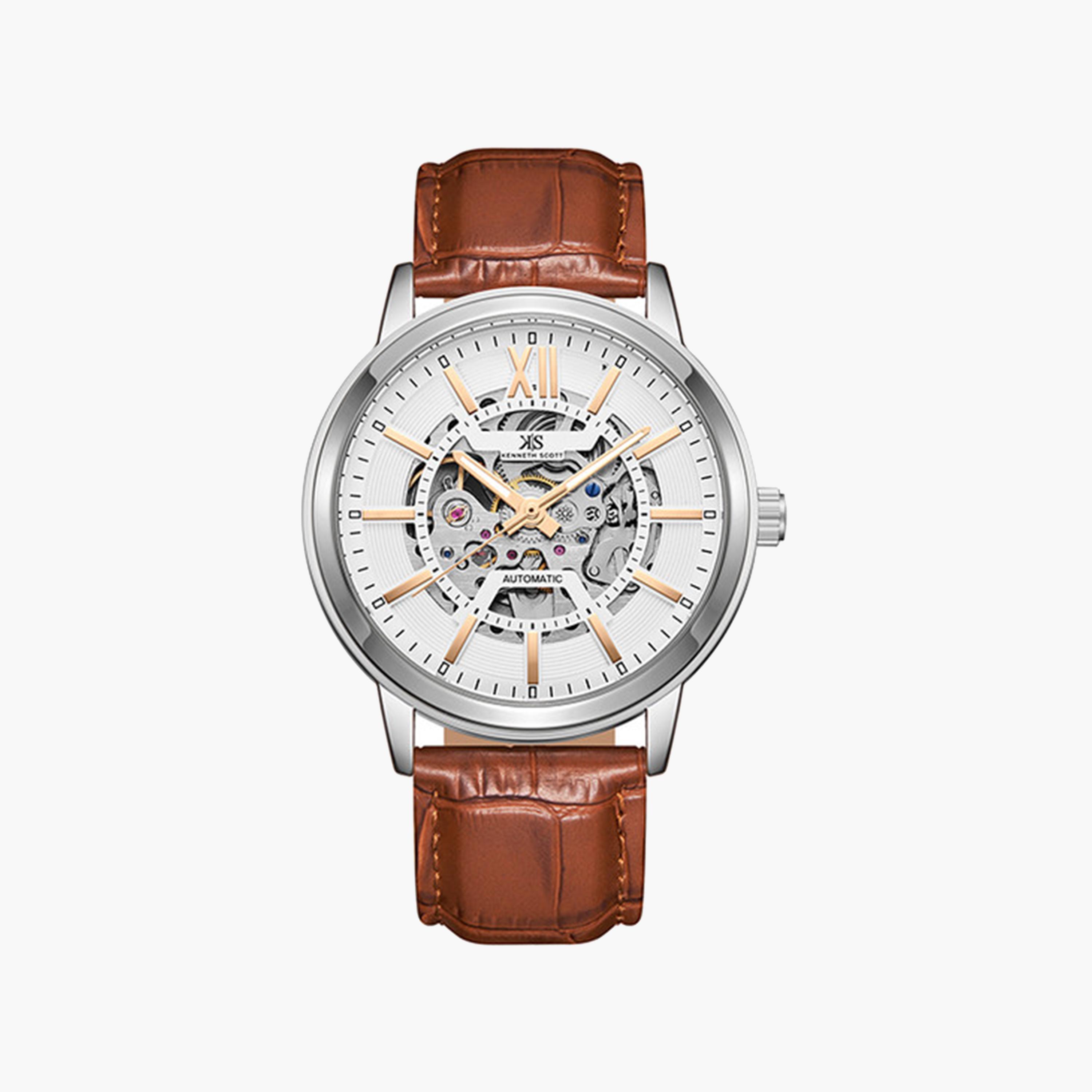 Kenneth Scott Men's 44 MM Brown Strap Automatic Leather Watch | K24323-SLDWK-men-watchesandjewellery-watches-image-1