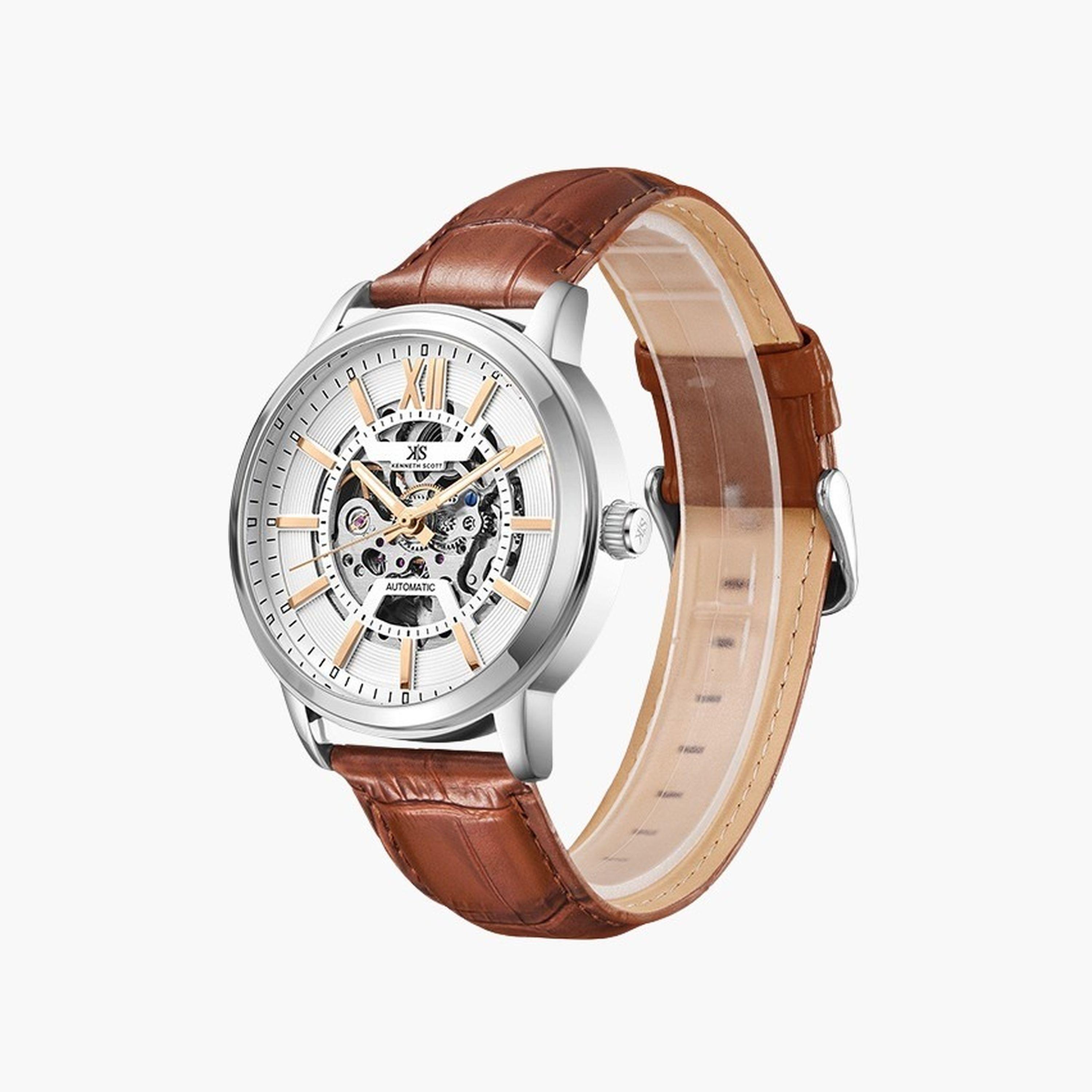 Kenneth Scott Men's 44 MM Brown Strap Automatic Leather Watch | K24323-SLDWK-men-watchesandjewellery-watches-image-2