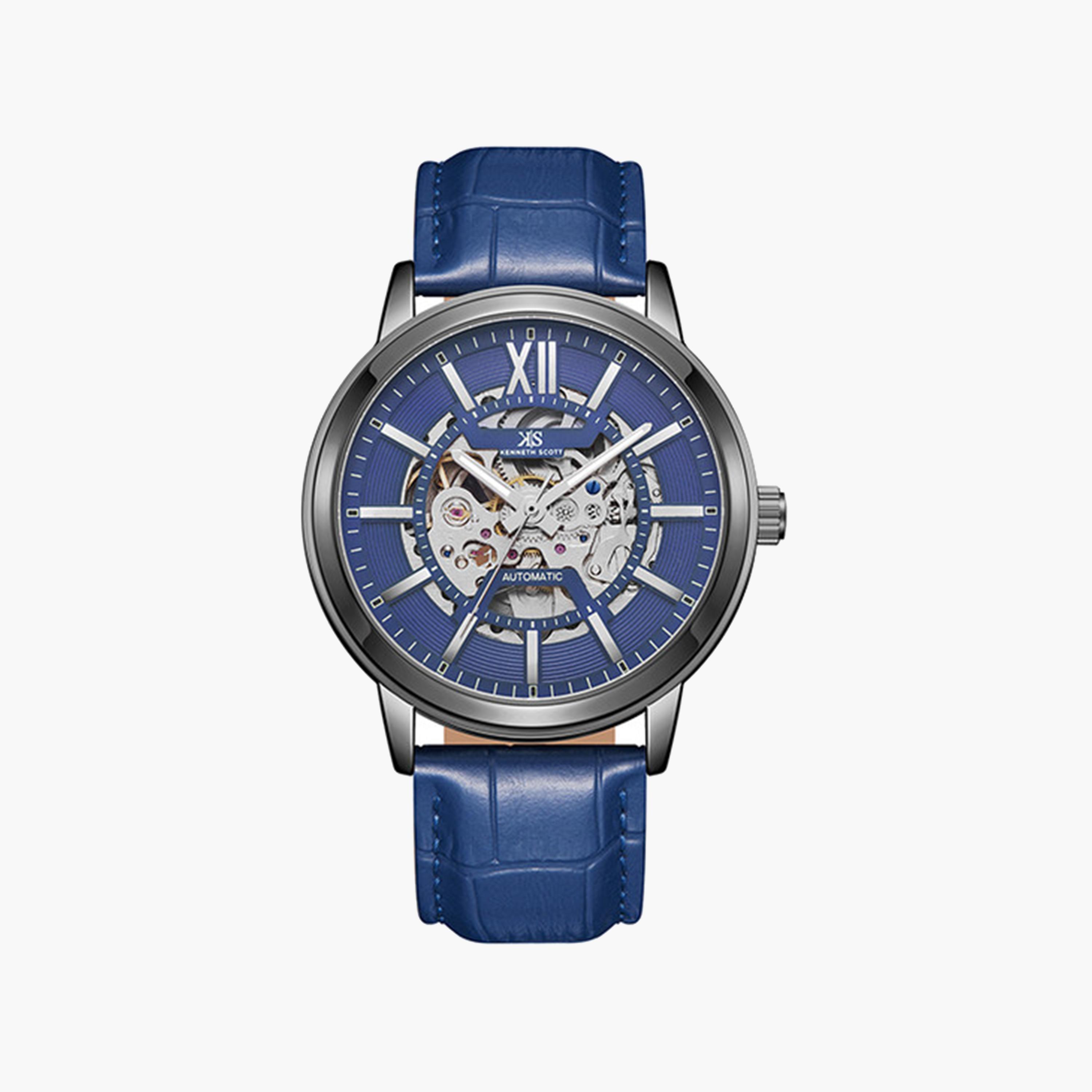 Kenneth Scott Men's 44 MM Blue Strap Automatic Leather Watch | K24323-XLNN-men-watchesandjewellery-watches-image-1