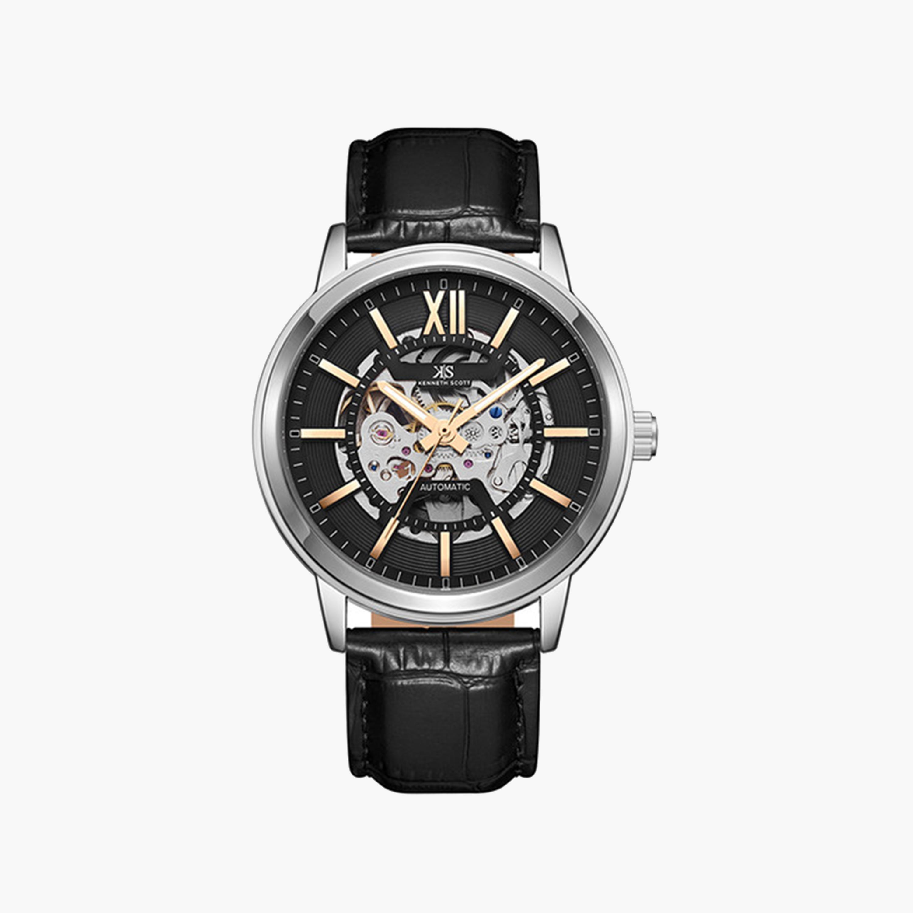 Kenneth Scott Men's 44 MM Black Strap Automatic Leather Watch | K24323-SLBBK-men-watchesandjewellery-watches-image-1