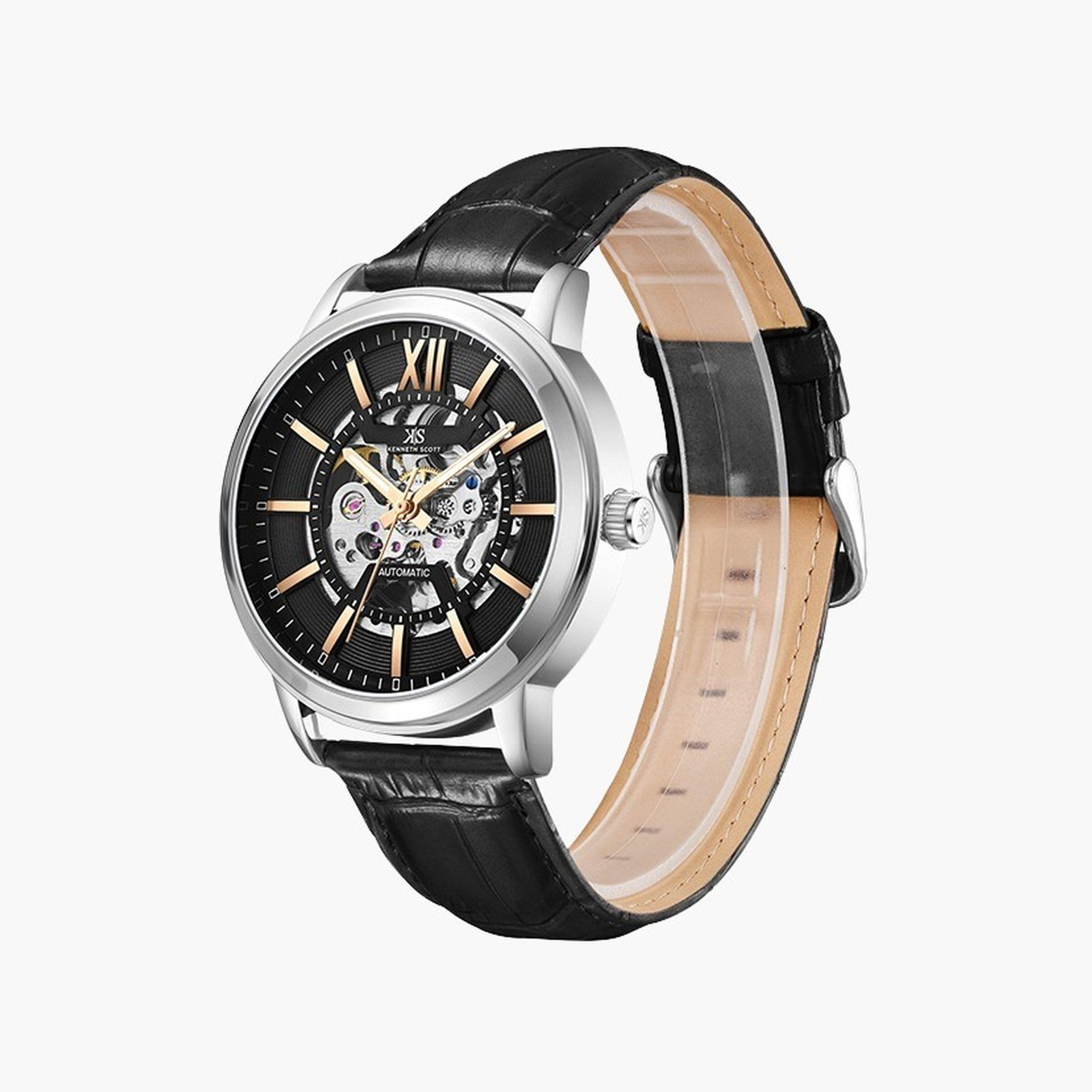 Kenneth Scott Men's 44 MM Black Strap Automatic Leather Watch | K24323-SLBBK-men-watchesandjewellery-watches-image-2