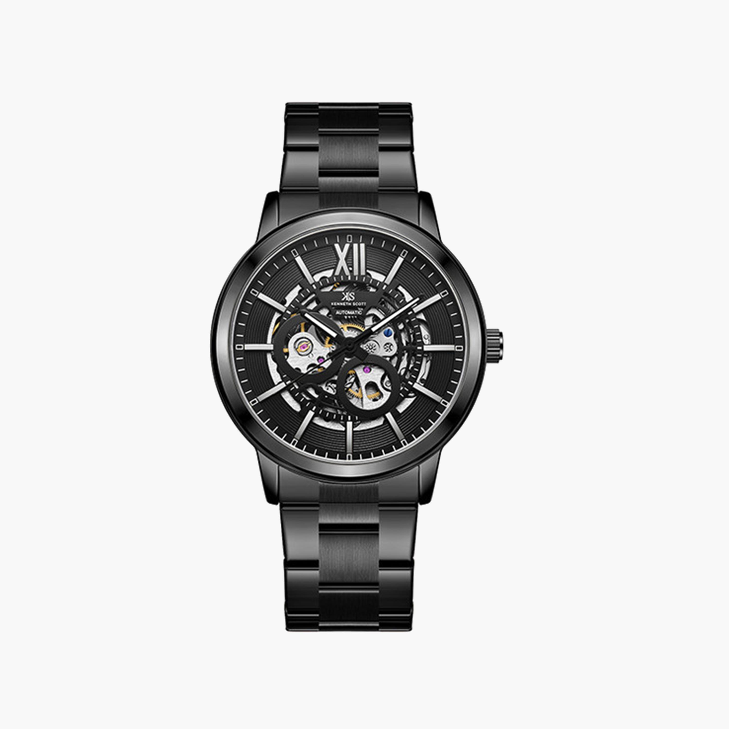 Kenneth Scott Men's 44 MM Black Strap Automatic Stainless Steel Watch | K24324-BBBB-men-watchesandjewellery-watches-image-1