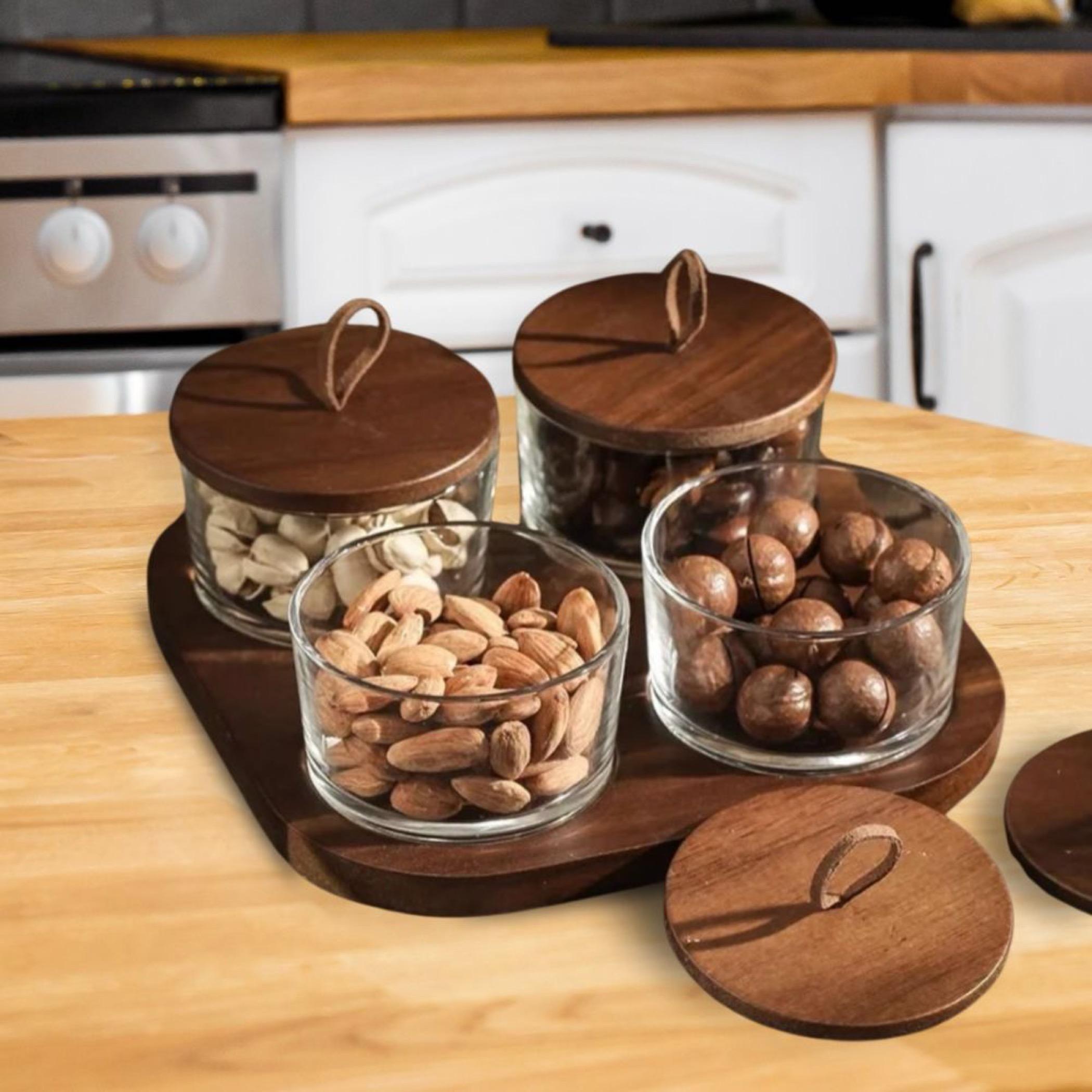 Quesera 4-Piece Glass Jar Set with Wooden Tray