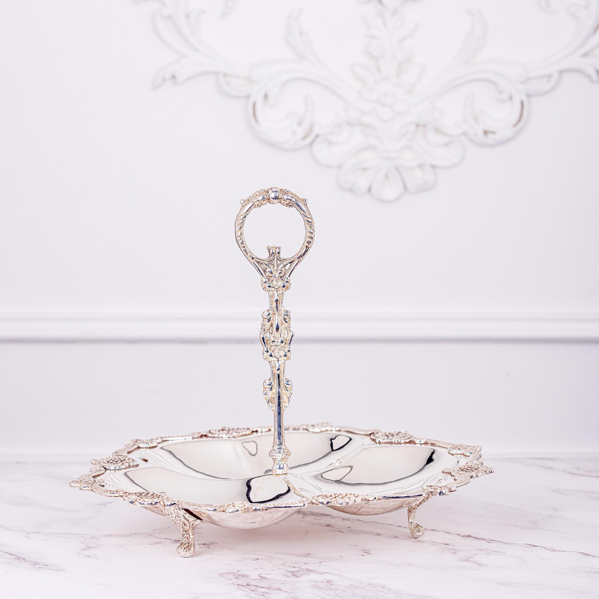 Quesera Real Silver Plated Aalam Brass Serving Platter With Handle