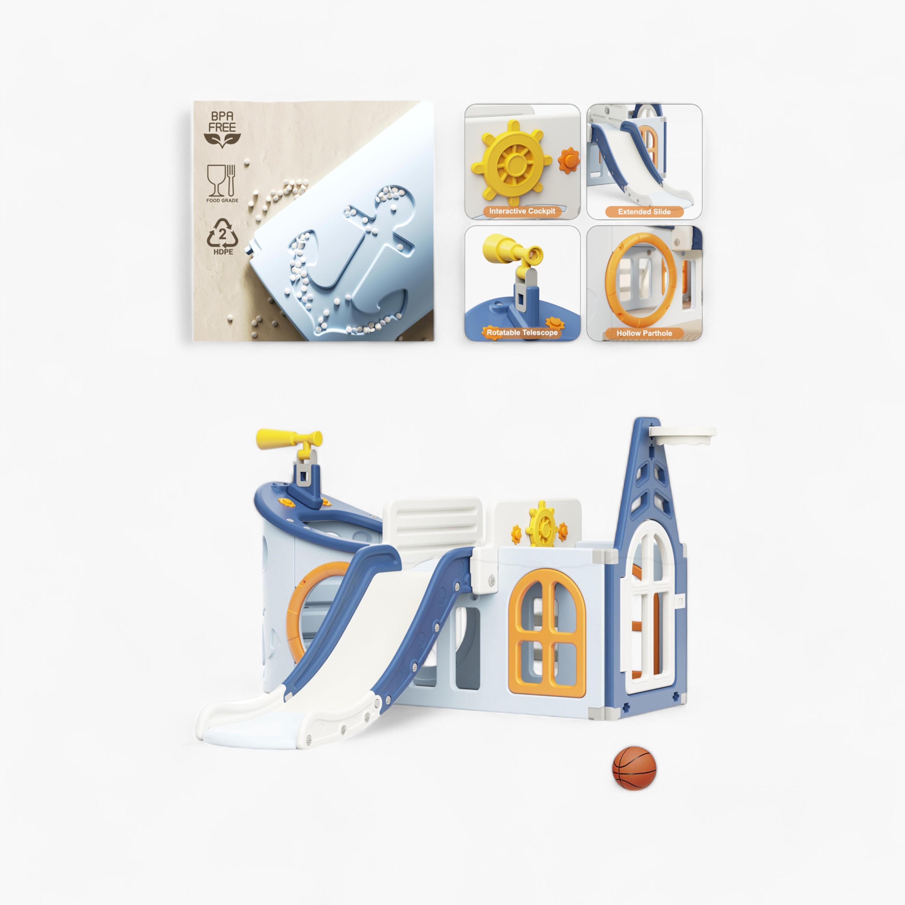Little Story Activity Slide Boat House with Basketball Ring & Toy Storage - Blue-toys-outdoor-playhousesandplayards-image-1