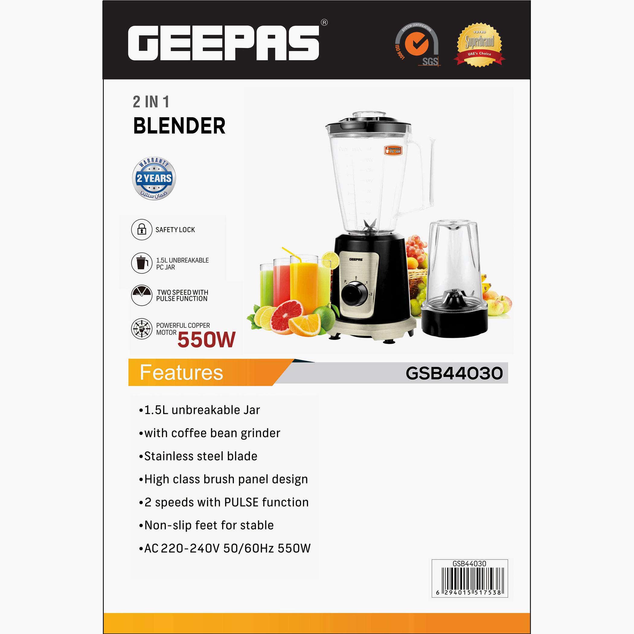 خلاط 2 في 1 بقوة 550 واط مع شفرات قطع ستانلس ستيل من جيباس - GSB44030-household-appliances-kitchenappliances-blendersmixersandgrinders-image-6
