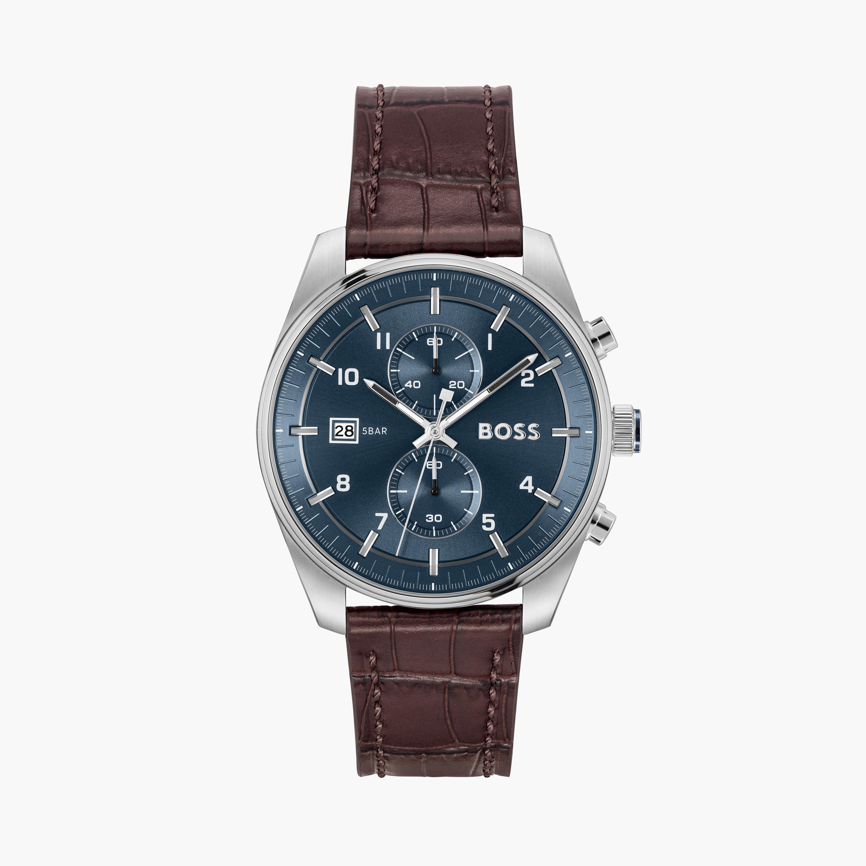 هوغو بوس-  ساعة رجالية 44 مم كرونوغراف زرقاء سوار جلد | 1514194-men-watchesandjewellery-watches-image-1
