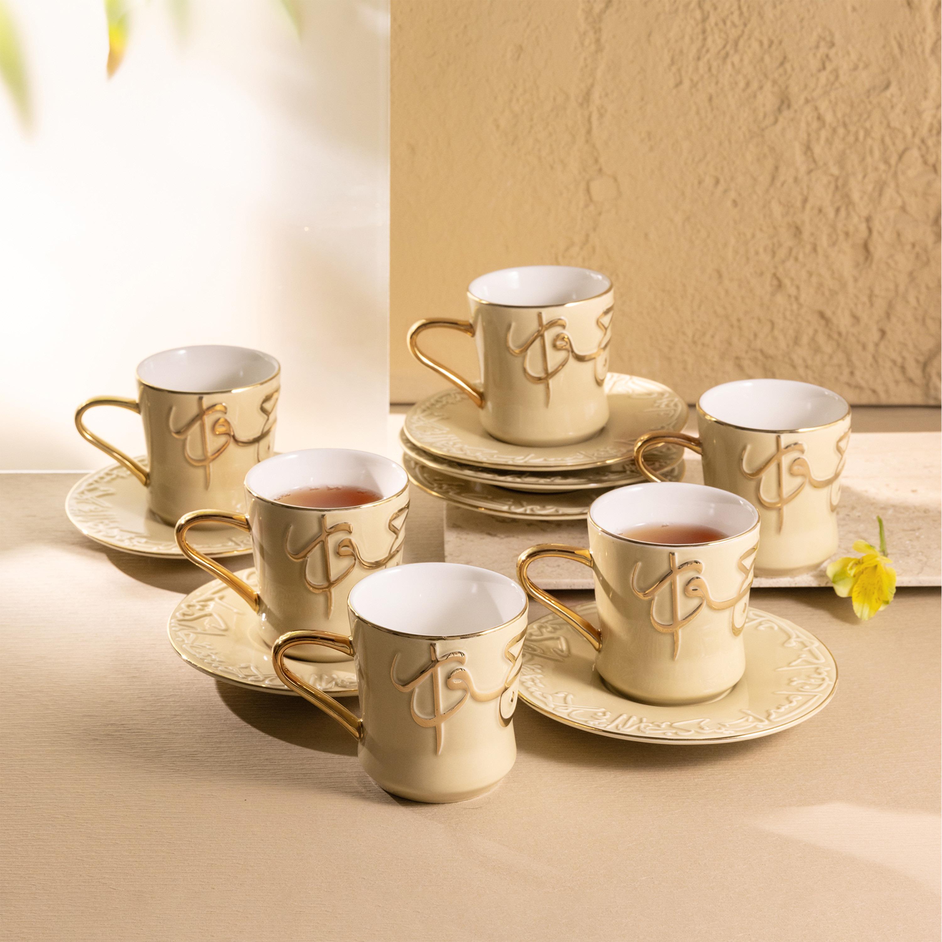 Jiwar 12-Piece Calligraphy Embossed Porcelain Tea Cup and Saucer Set - 200 ml-household-dining-teaandcoffee-teaandcoffeesets-image-6