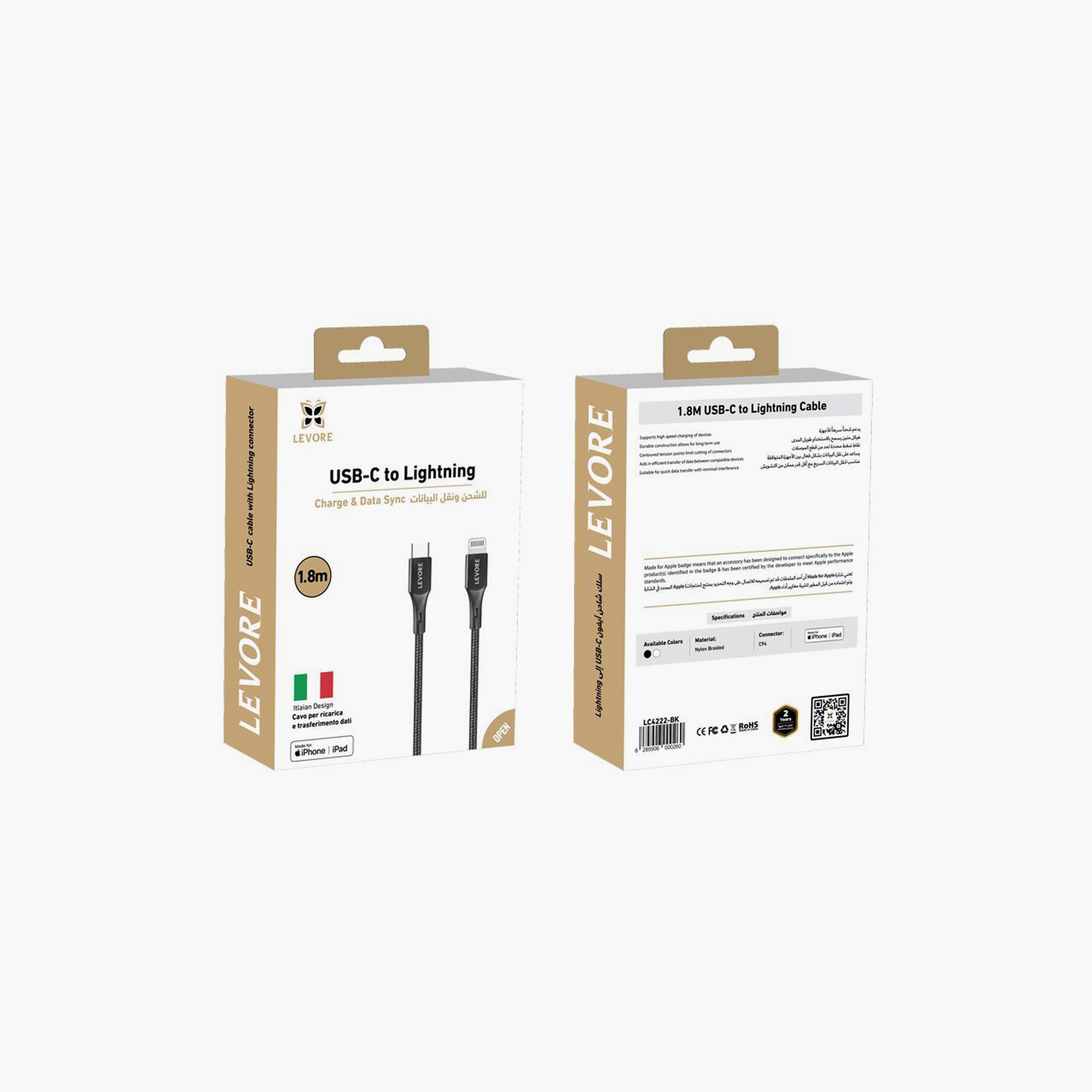 Levore USB-C to Lightning Nylon Cable MFI Certified 1.8M - Black | LC4222-BK-electronics-portabledevices-image-2