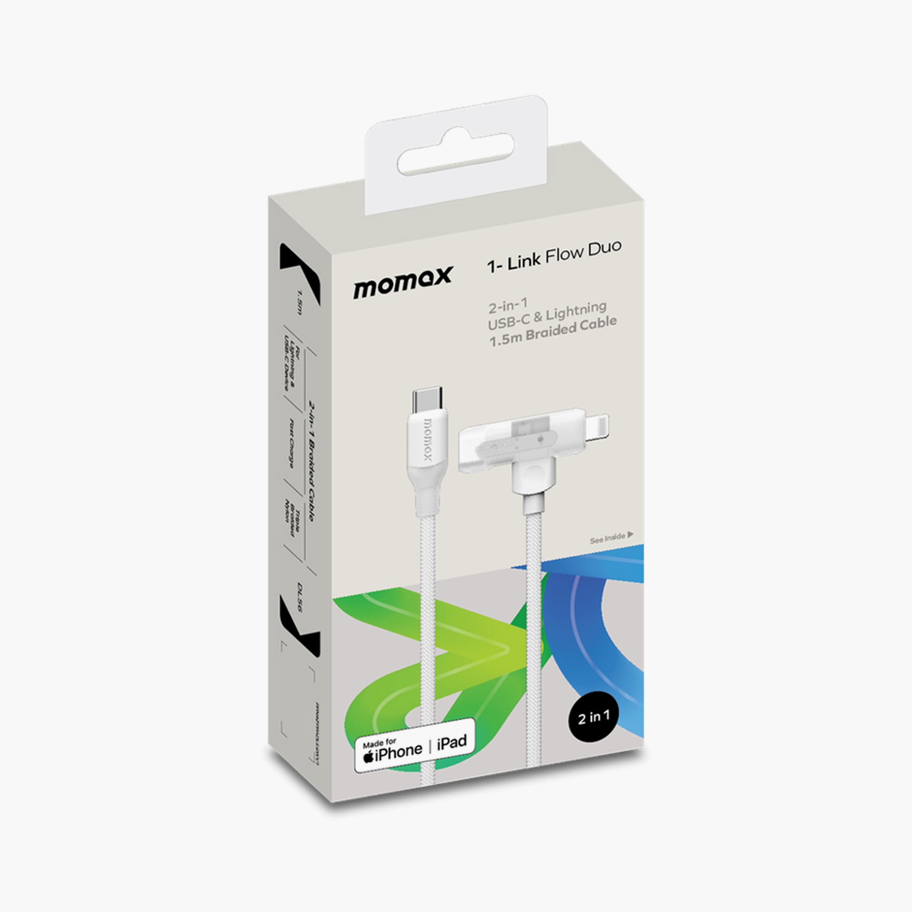 Momax 1-Link Flow Duo 2in1 USB-C To USB-C and Lightning Braided Cable 1.5m - White | DL56W-electronics-portabledevices-image-4