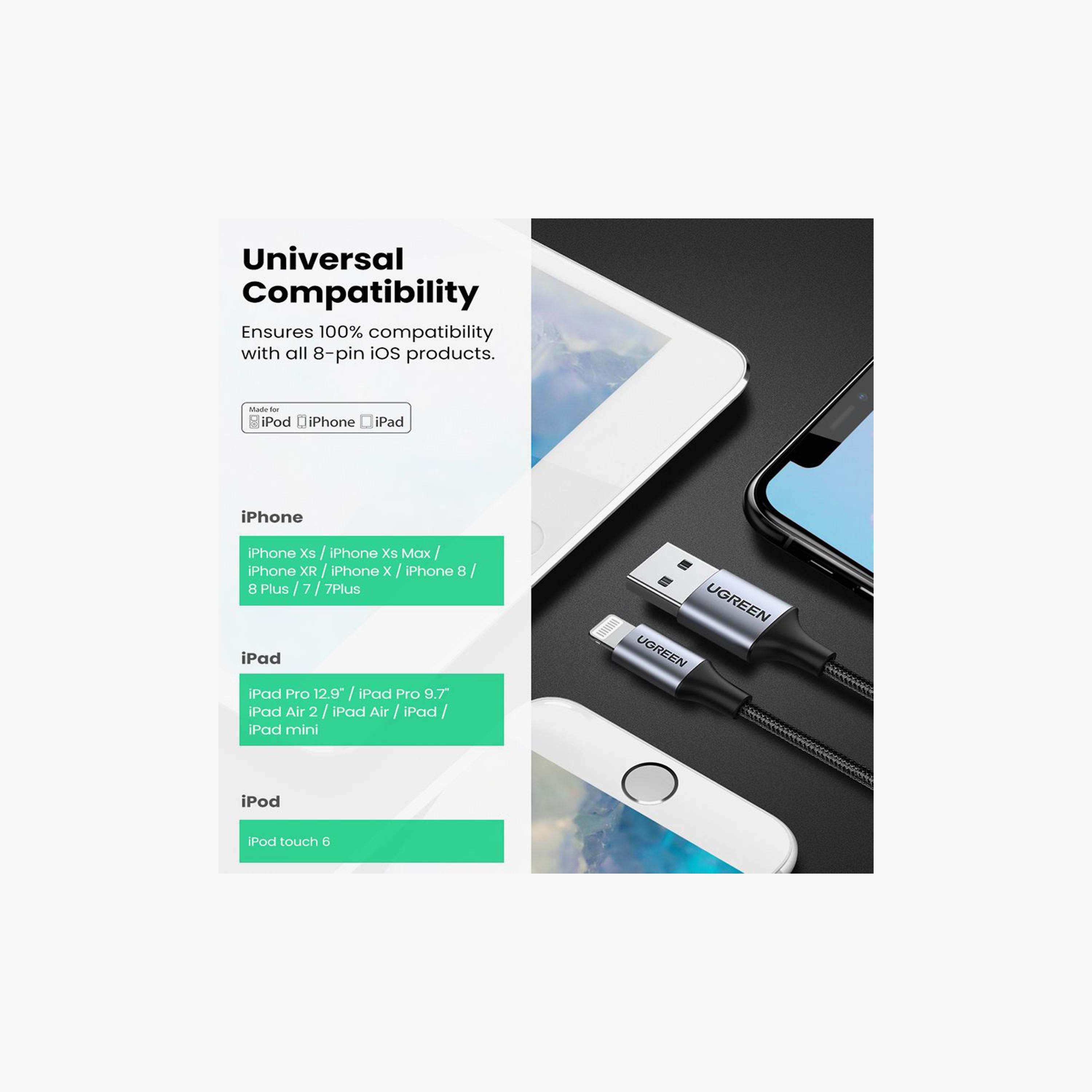 UGREEN Aluminum Braided Charging and Sync Data Cable USB to Lightning 1m - Black | 60156-electronics-portabledevices-image-6
