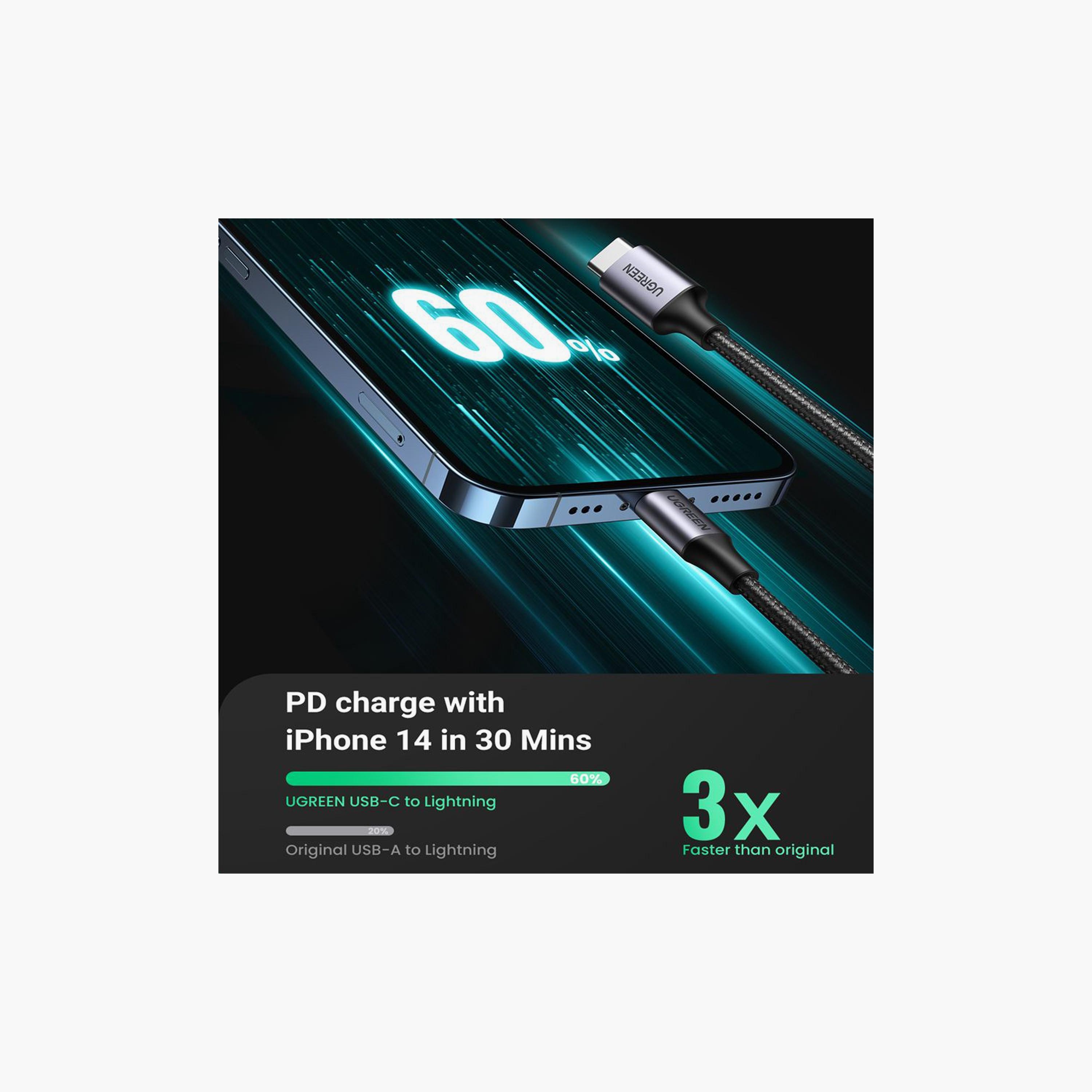 UGREEN Aluminum Braided Charging and Sync Data Cable USB-C to Lightning 1m - Black | 60759-electronics-portabledevices-image-2