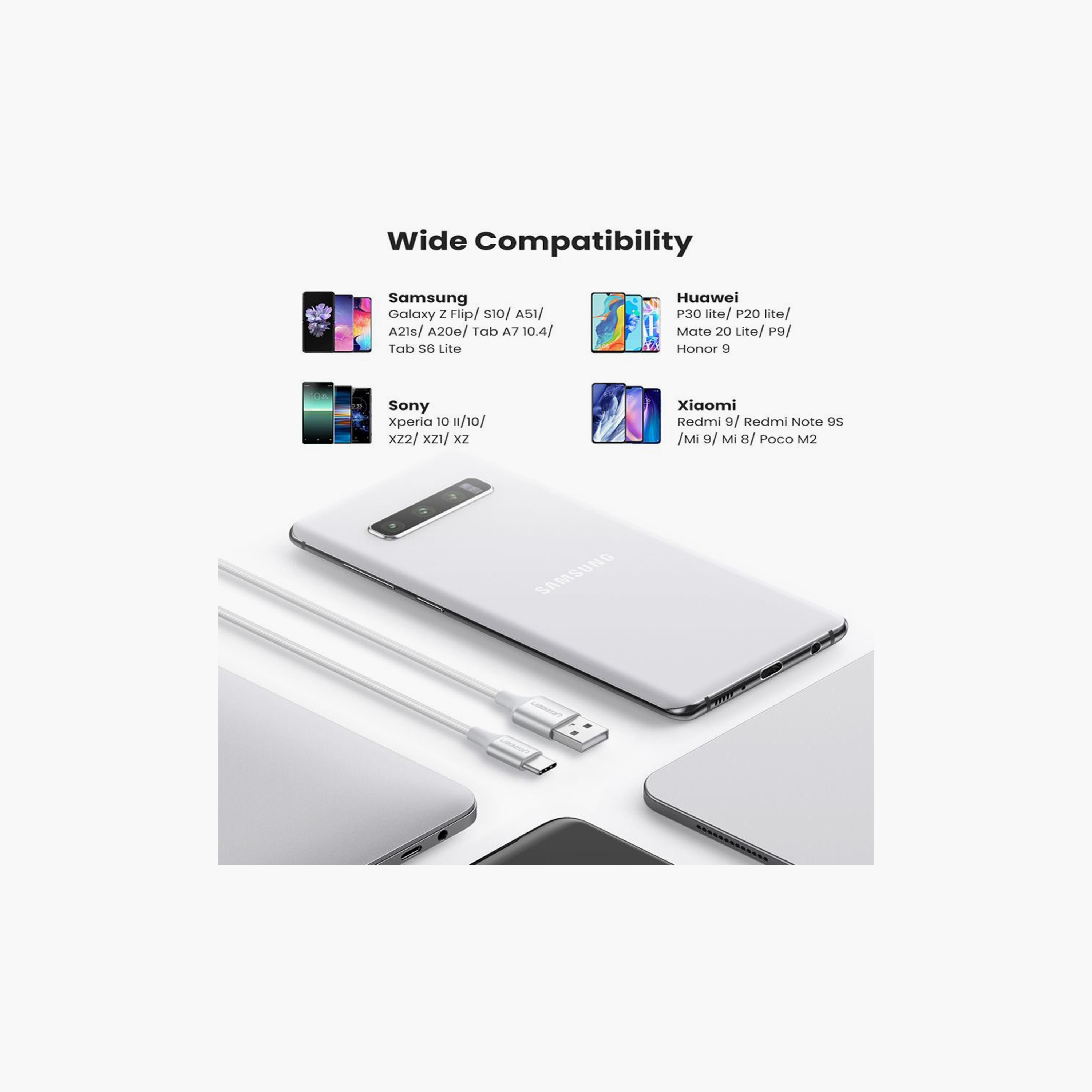 UGREEN USB-A 2.0 to USB-C Cable Nickel Plating Aluminum Braid 2m - White | 60133-electronics-portabledevices-image-3