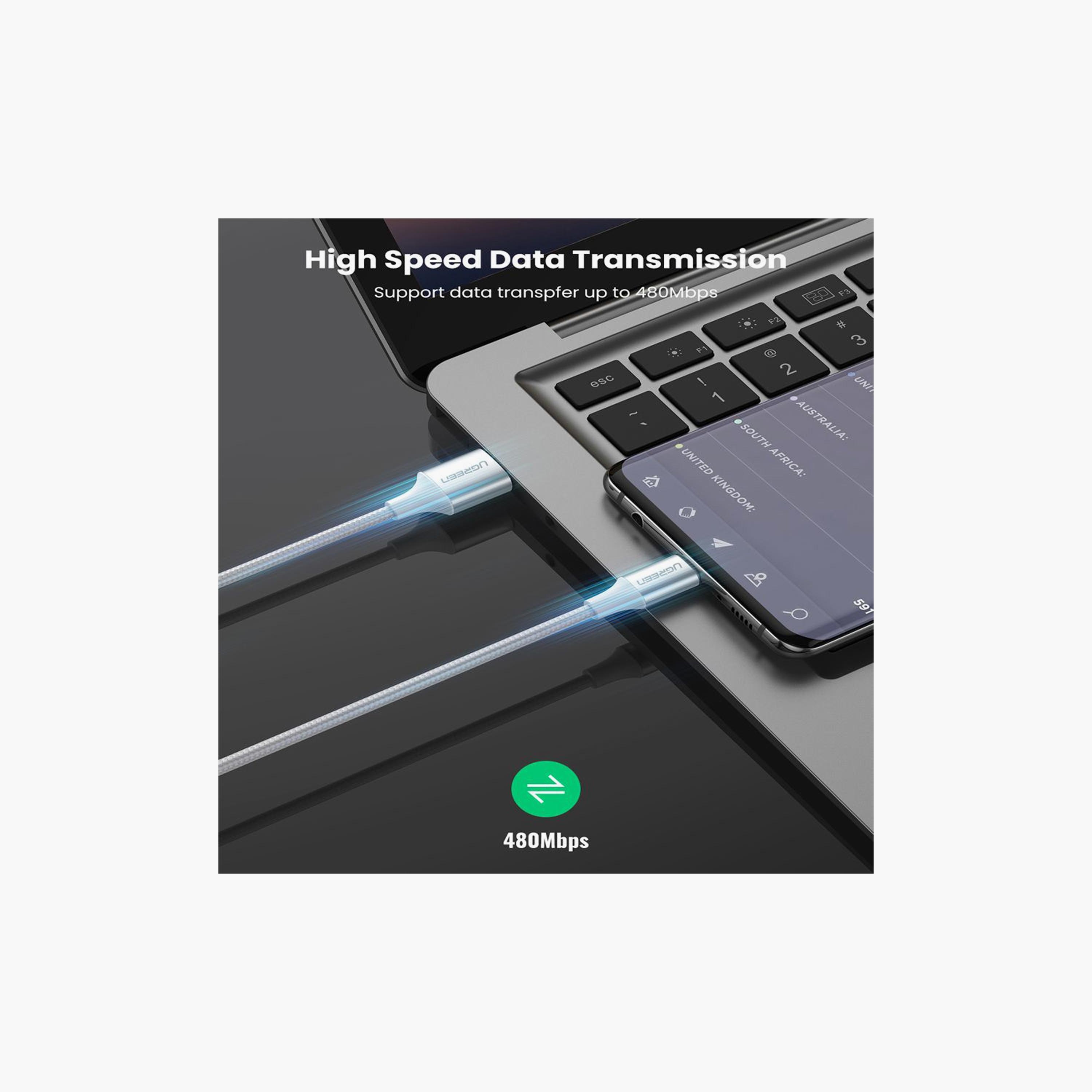 UGREEN USB-A 2.0 to USB-C Cable Nickel Plating Aluminum Braid 2m - White | 60133-electronics-portabledevices-image-4