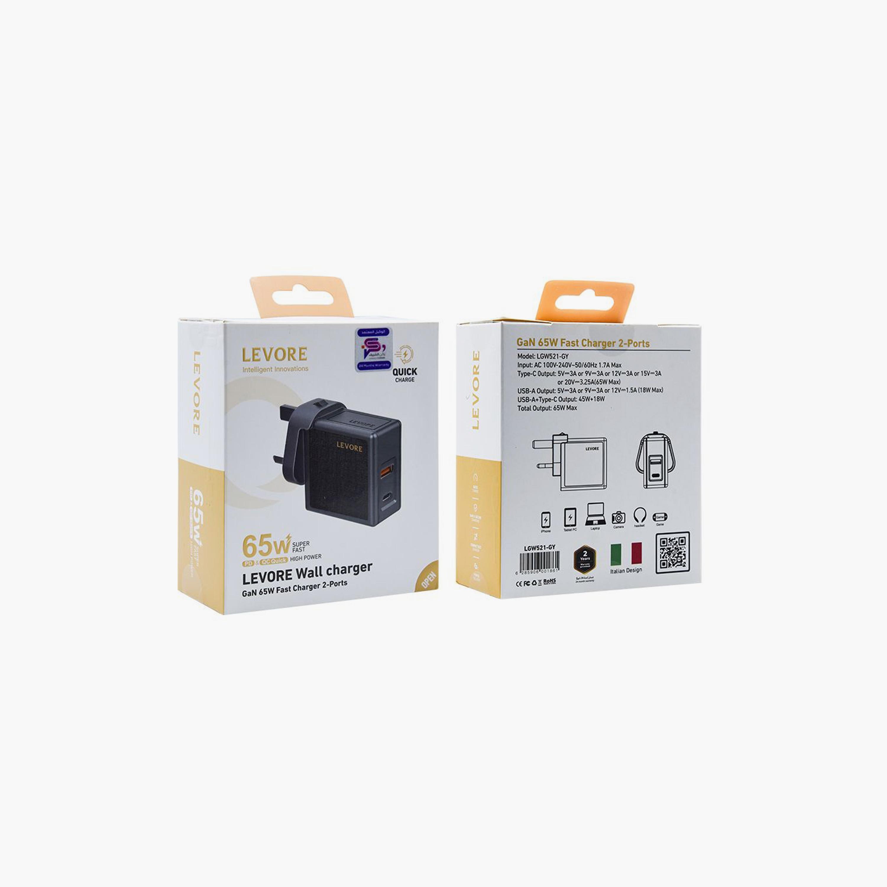 Levore Wall Charger Super Fast with Gan USB-C Port and USB Port 65W - Grey | LGW521-GY-electronics-accessories-mobileaccesories-image-2