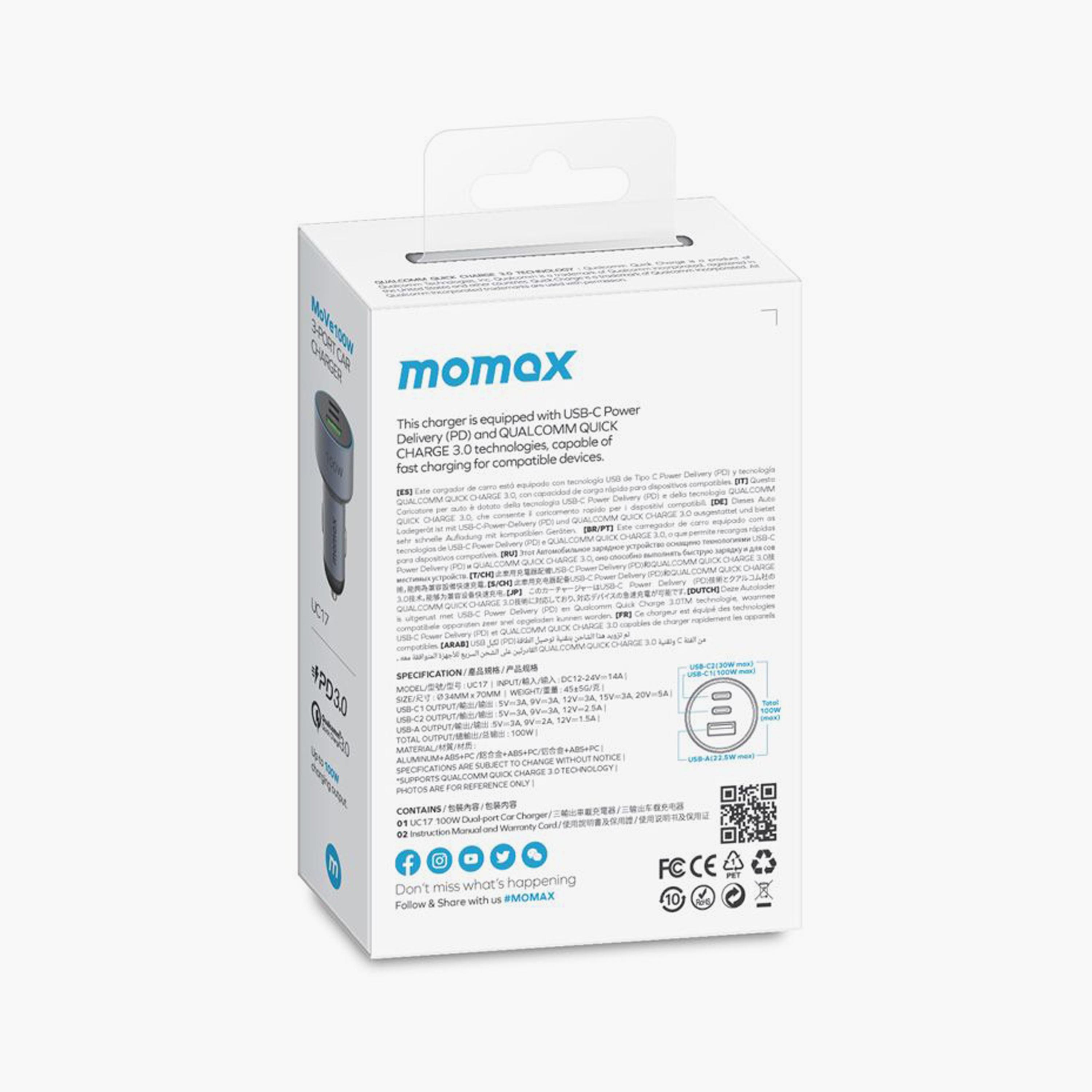 Momax Move Car Charger 100W, 2 USB-C & 1 USB-A, QC3.0 & PD Support - Grey | UC17E-electronics-accessories-mobileaccesories-image-6