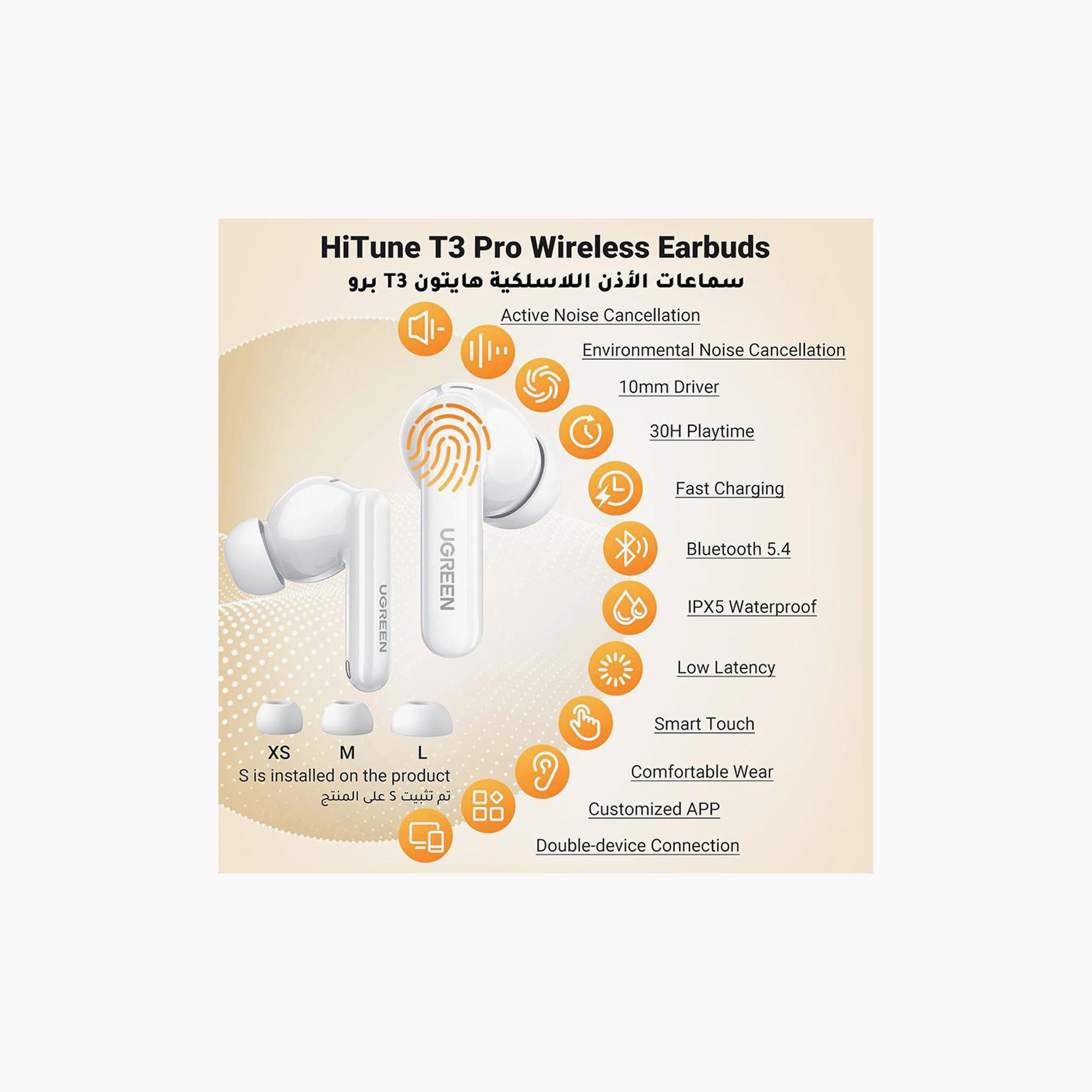 UGREEN Earbuds Wireless HiTune T3 Pro Active Noise-Cancelling - White | 35725-electronics-headphonesandearphones-image-2