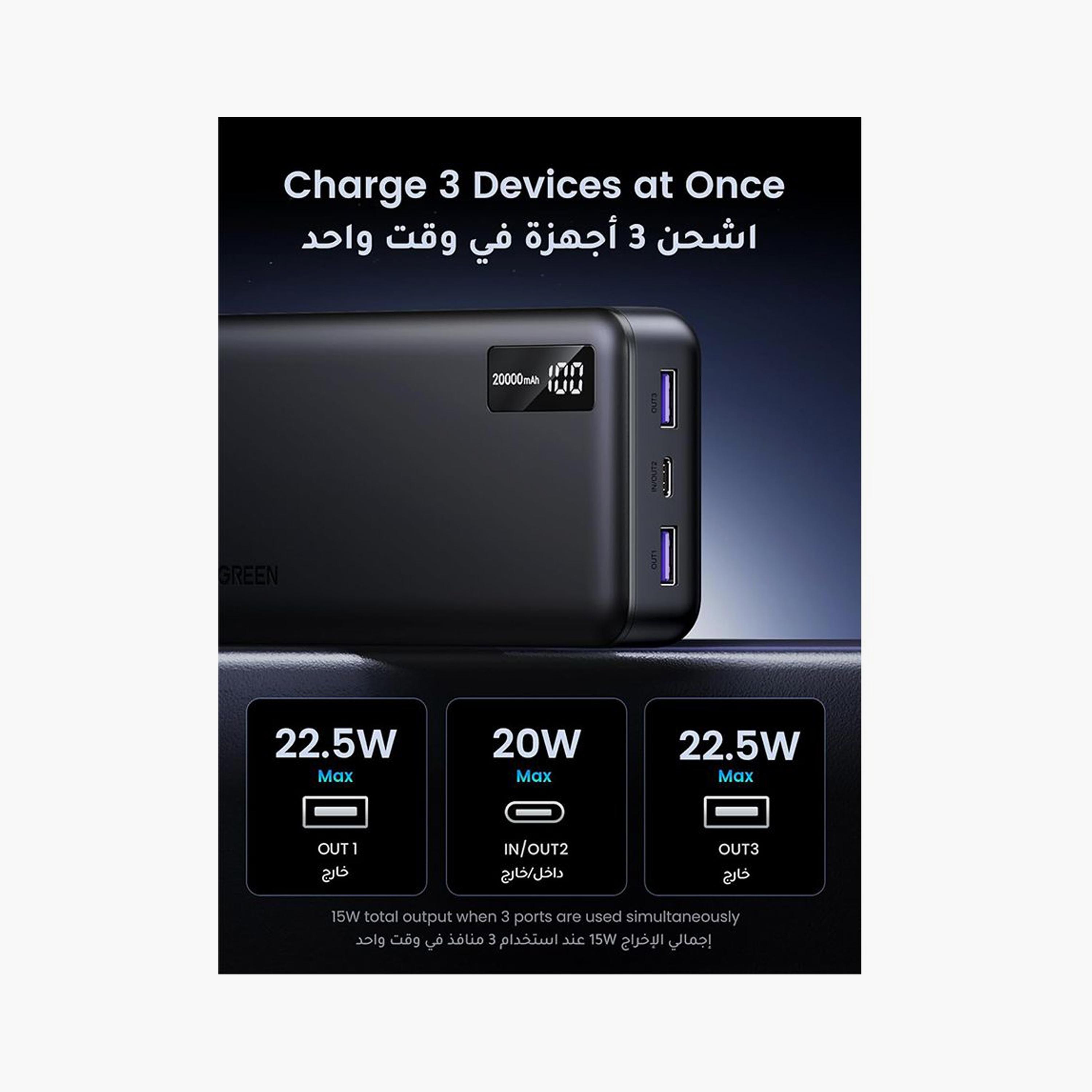 UGREEN Power Bank USb-C and 2 USB Ports 22.5W 20000mAh - Black | 25683-electronics-portabledevices-image-4