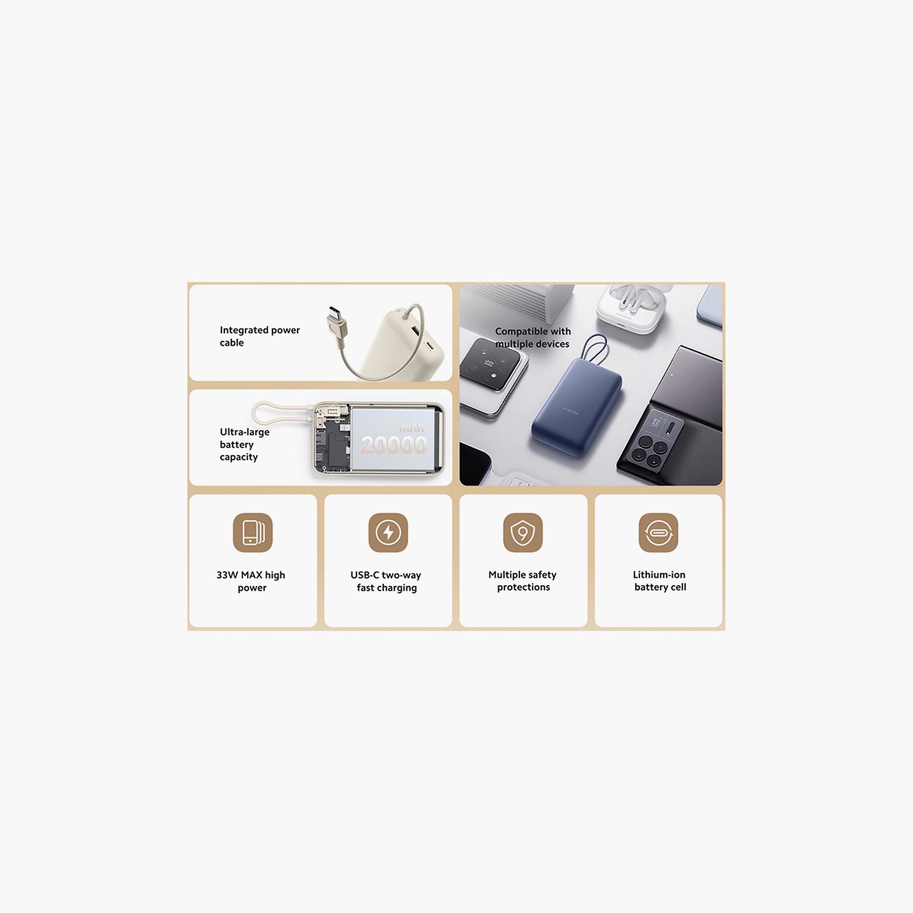 Xiaomi Power Bank USB and USB-C Port and USB-C Integrated Cable 20000mAh 33W - Blue | BHR8975GL-electronics-portabledevices-image-3