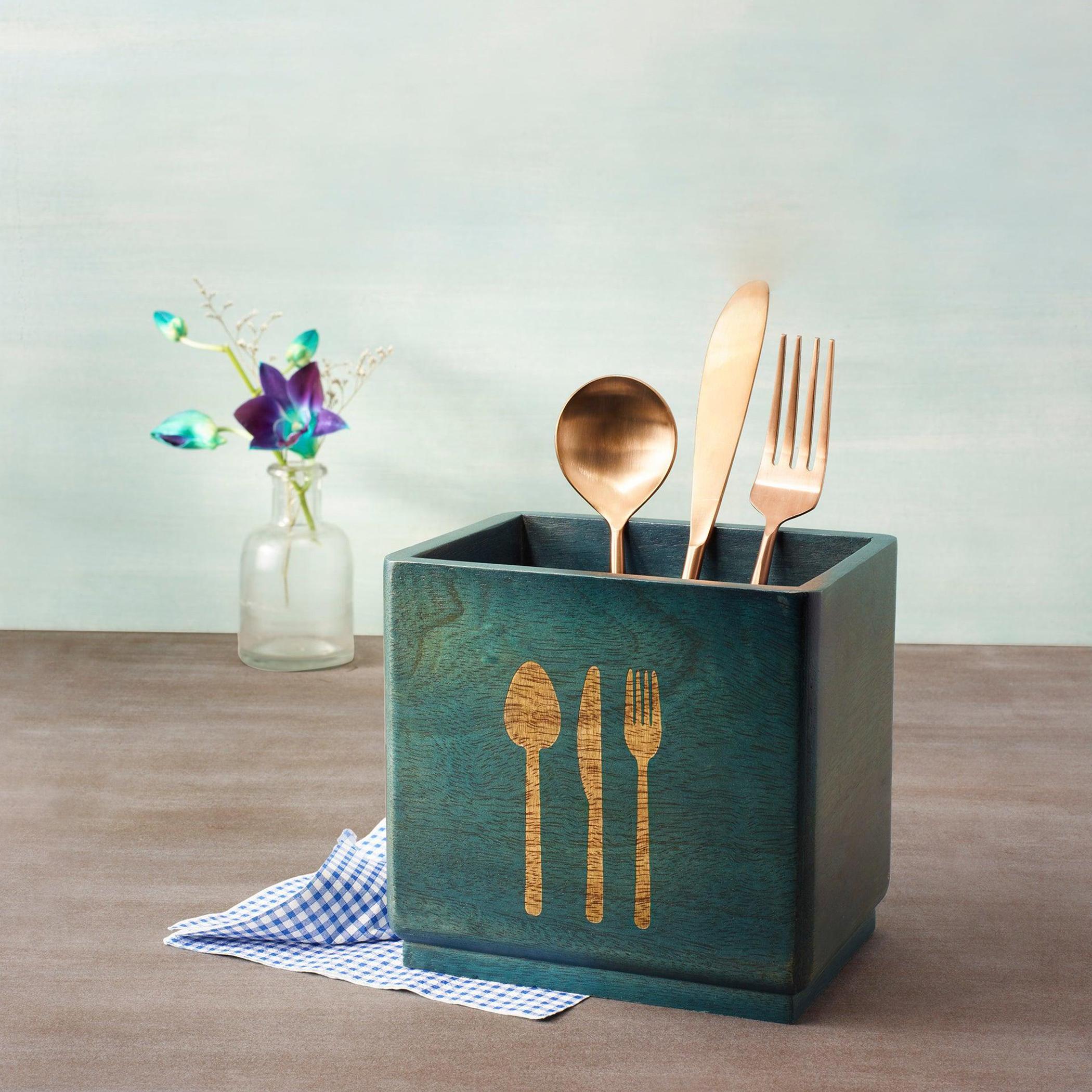 Ellementary Wooden Cutlery Holder - 16x12x15 cms-household-kitchen-kitchenorganising-countertoporganising-image-1