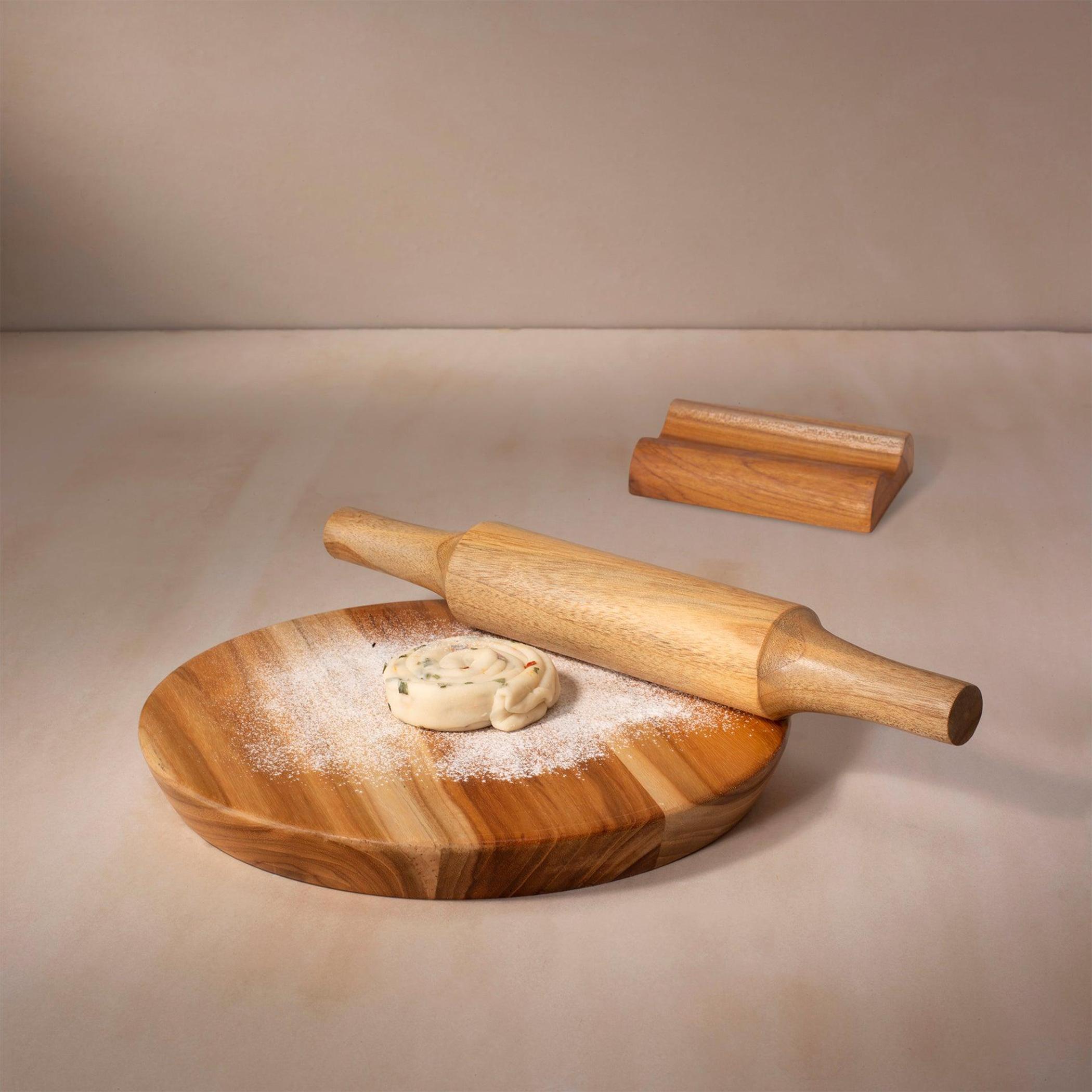 Ellementary Teak Wood Rolling Board and Pin with Stand-household-kitchen-kitchentoolsandutensils-foodpreparationtools-image-2