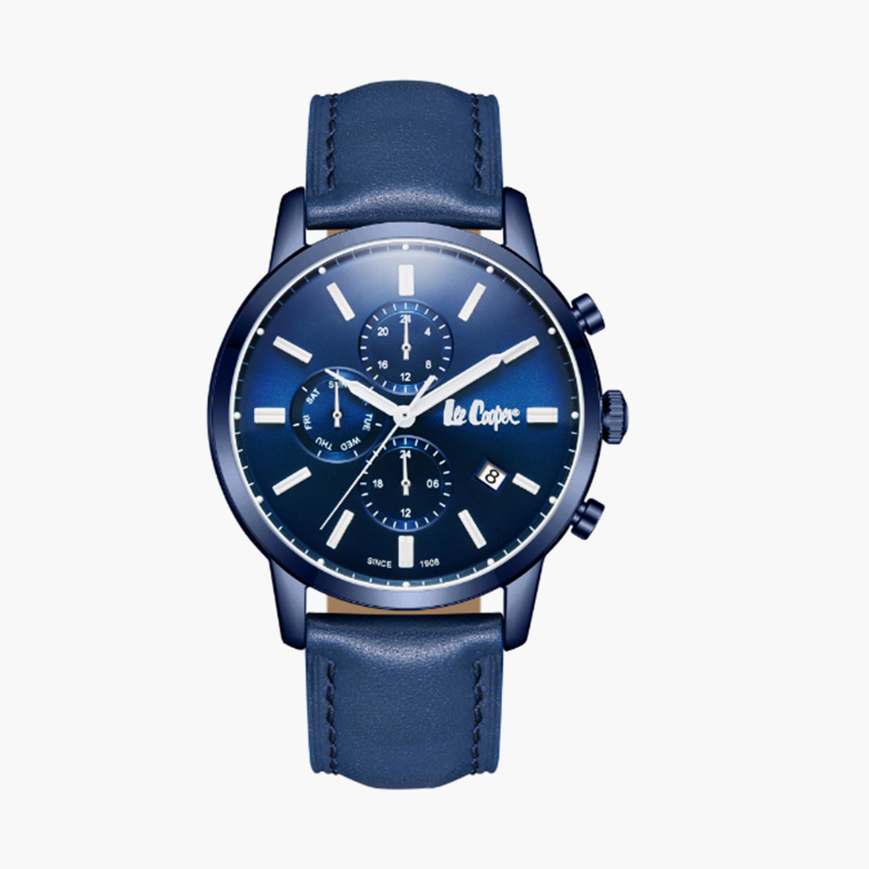 لي كوبر- ساعة  كرونوغراف للرجال سوار جلدي  44مم لون أزرق | LC08085.999-men-watchesandjewellery-watches-image-1