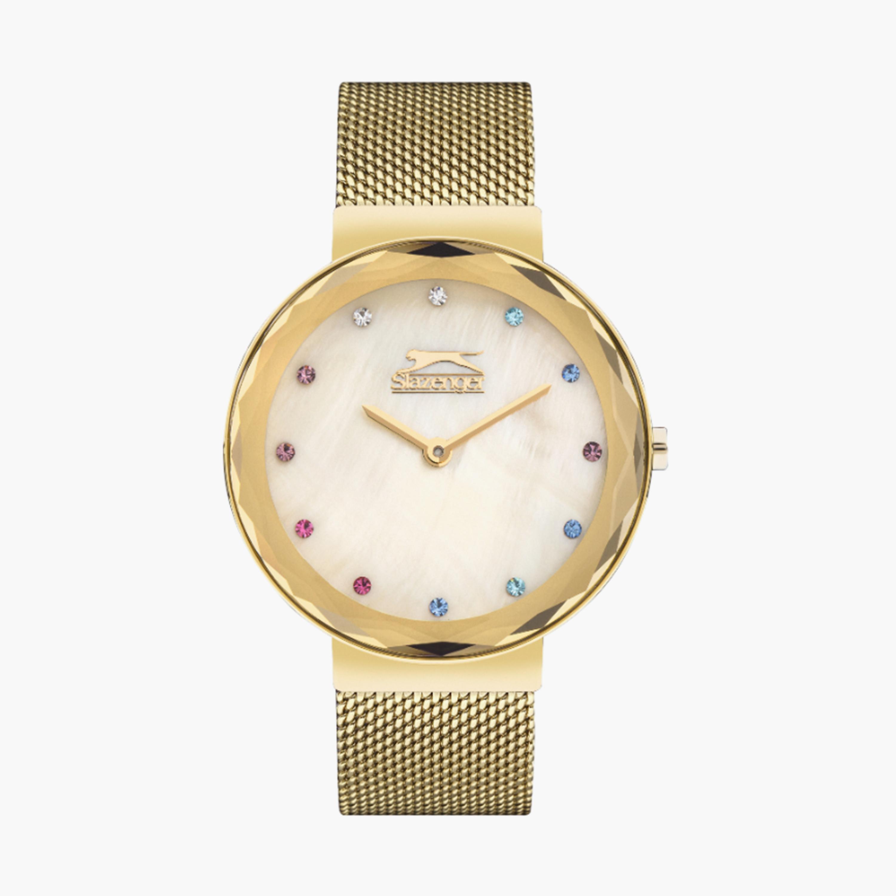 سلازنغر- ساعة  تناظرية للنساء سوار شبكي  34مم لون ذهبي | SL.9.2296.3.02-women-watchesandjewellery-watches-image-1