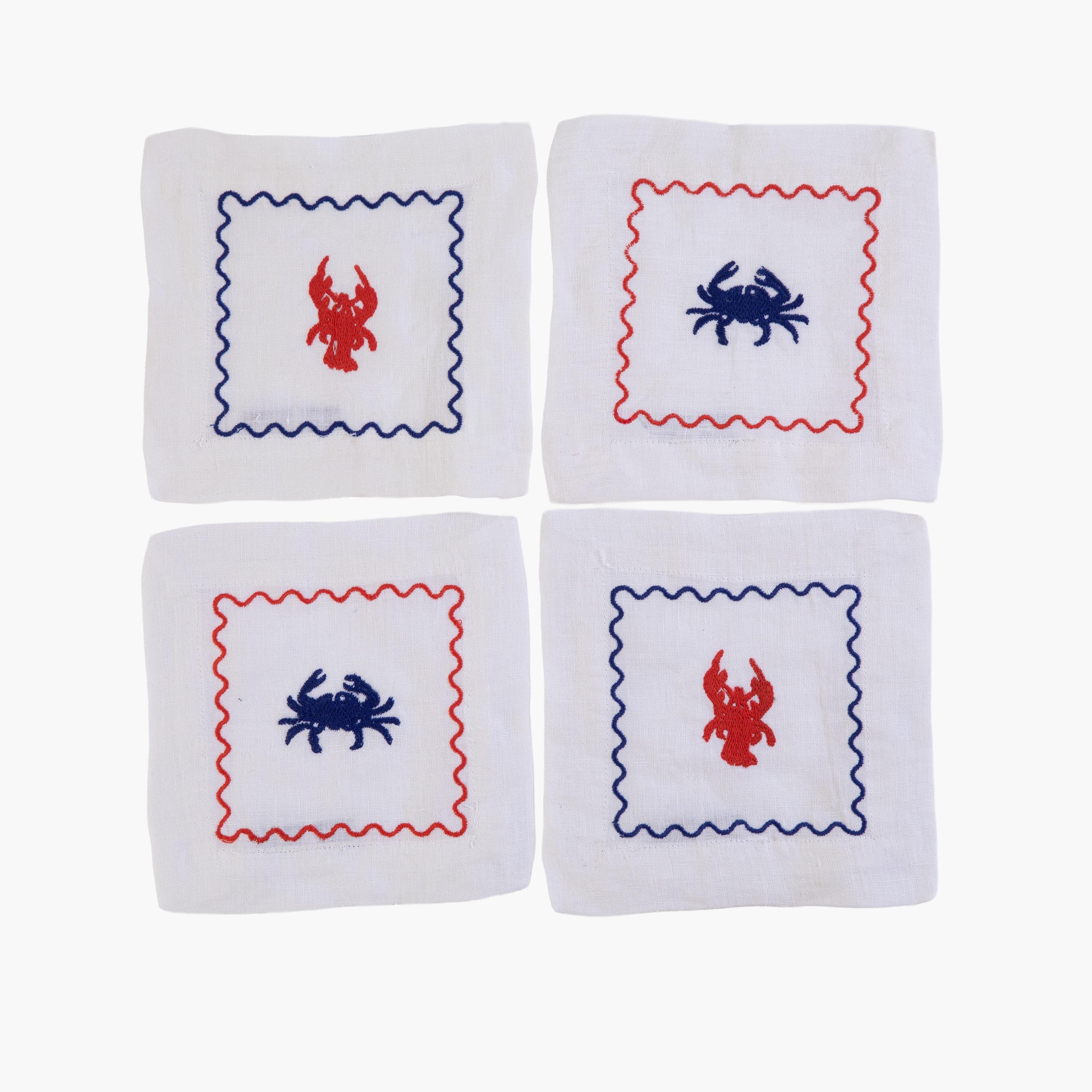 Crab and Lobster 4-Piece Embroidered Cocktail Napkins Set - 15x15 cm