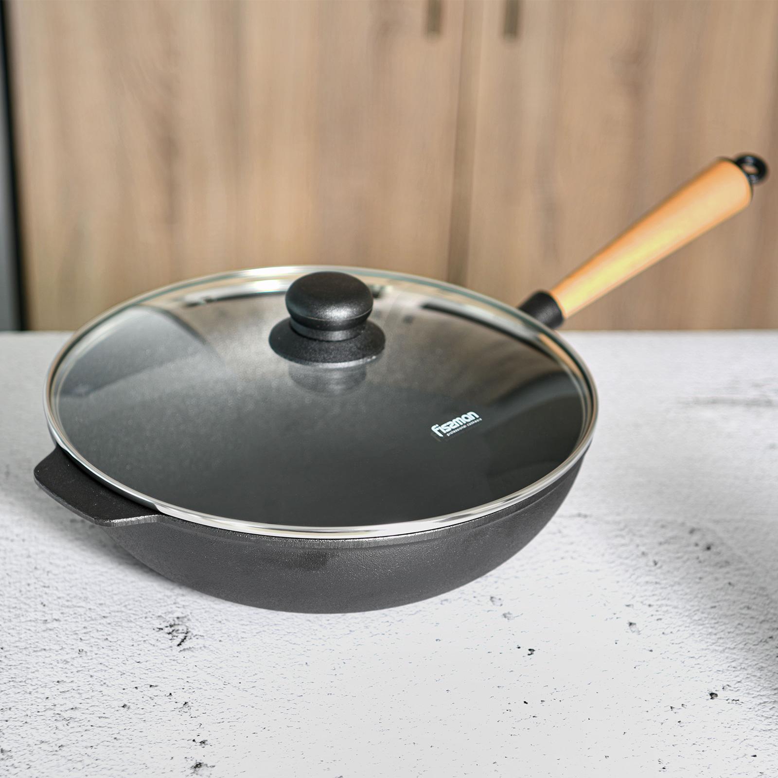 Cast Iron Wok with Wooden Handle and Glass Lid - 30 cms-household-kitchen-cookware-potsandpans-image-1