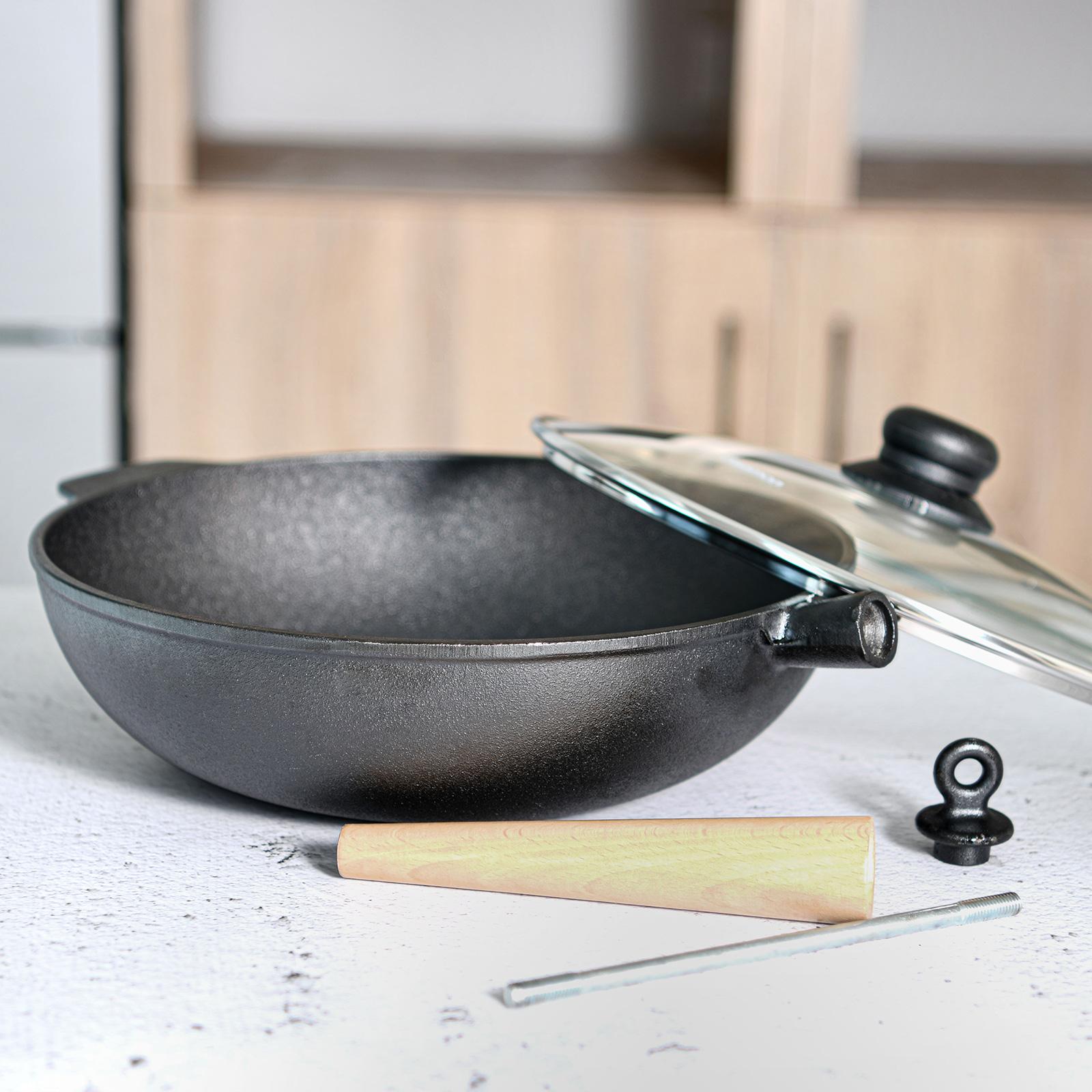 Cast Iron Wok with Wooden Handle and Glass Lid - 30 cms-household-kitchen-cookware-potsandpans-image-2