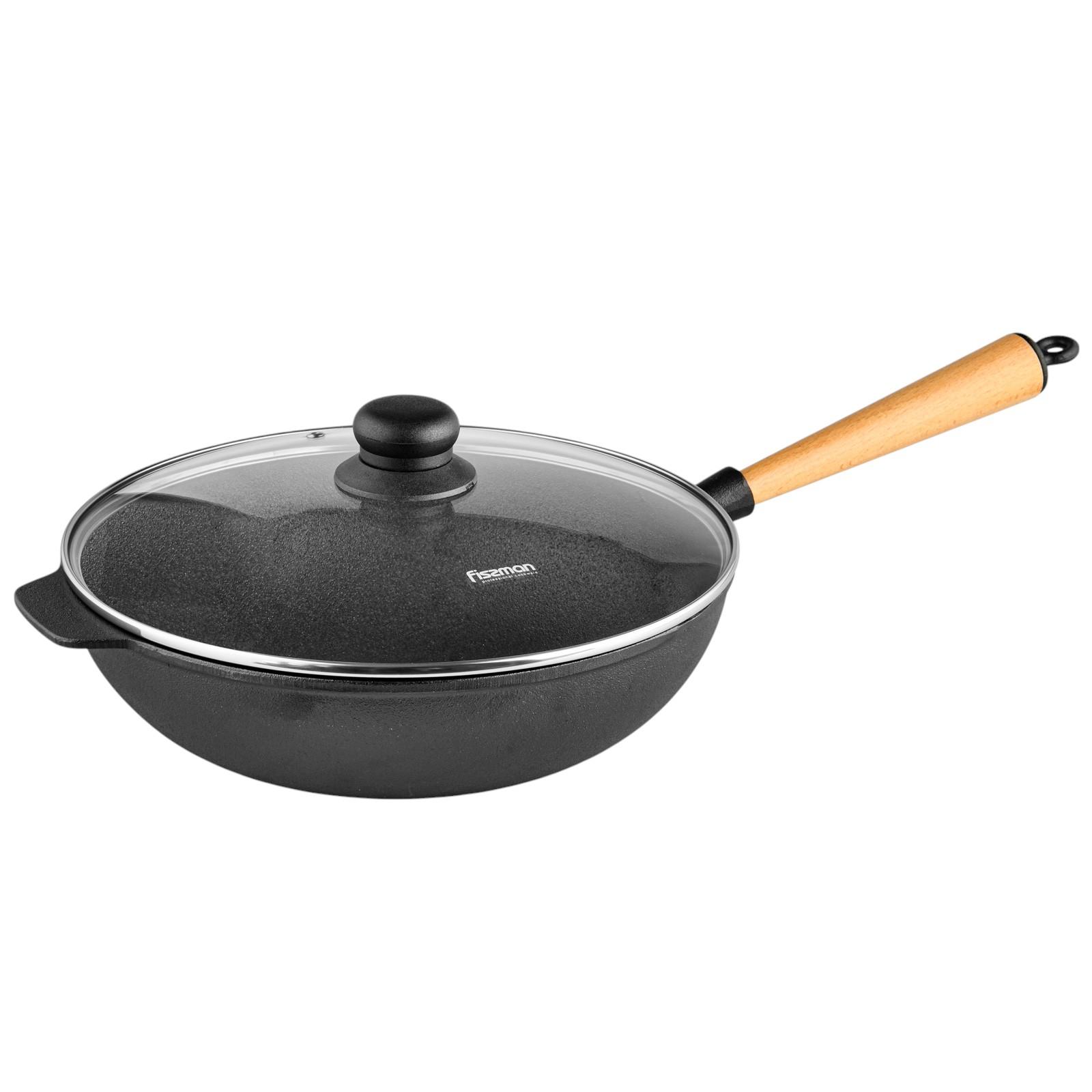 Cast Iron Wok with Wooden Handle and Glass Lid - 30 cms-household-kitchen-cookware-potsandpans-image-4