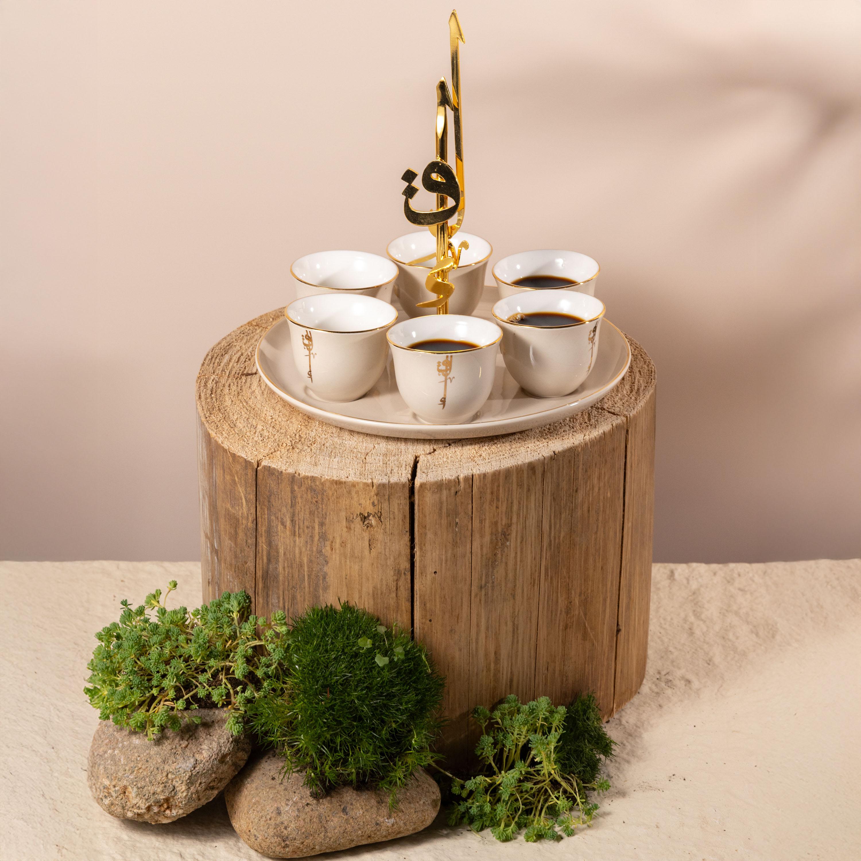 طقم فناجين قهوة بورسلان 6 قطع بتفاصيل خط عربي مع صينية تقديم من أوتانتيك-household-dining-teaandcoffee-teaandcoffeesets-image-1