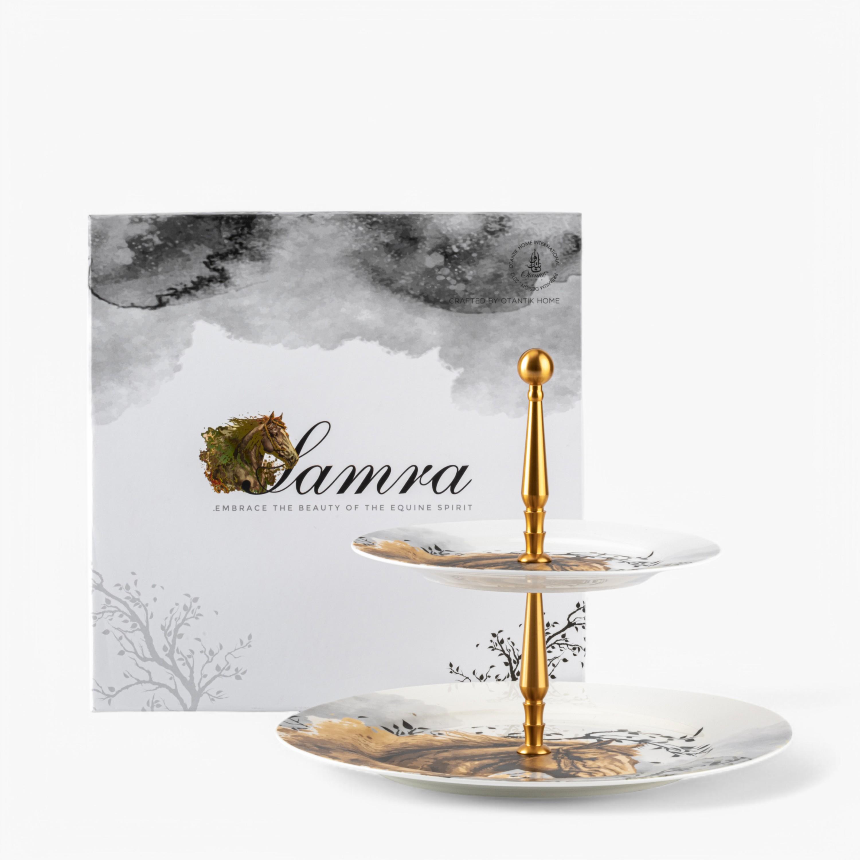 حامل كيك بورسلان طبقتين بطبعات من أوتانتيك-household-dining-serveware-cakestands-image-2