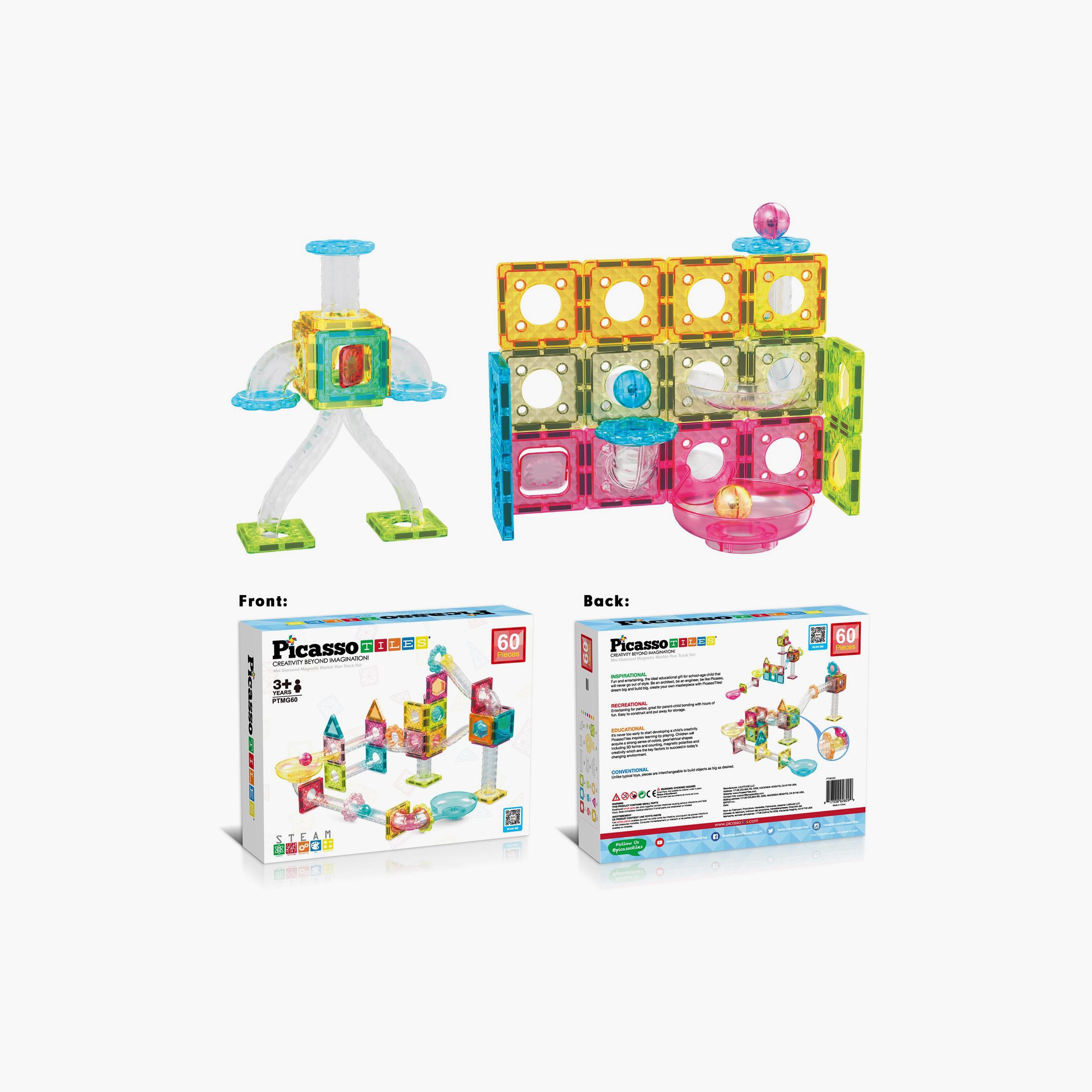 Picasso Tiles 60-Piece Mini Diamond Series Magnetic Marbel Run Track Set-toys-buildingblocks-magnetictoys-image-3