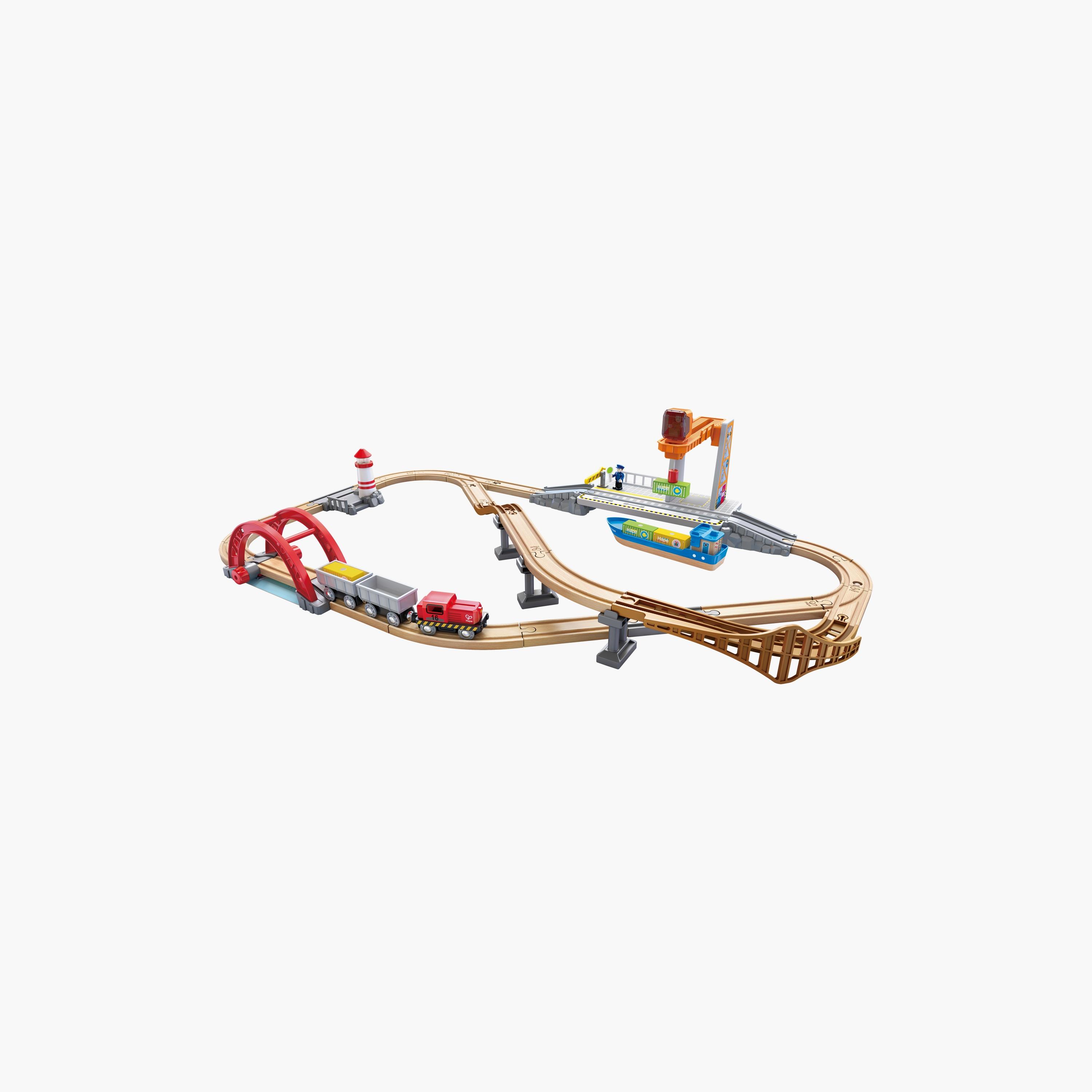 Hape 38-Piece Sea & Rail Cargo Transport Train & Railway Set-toys-buildingblocks-constructionsets-image-1