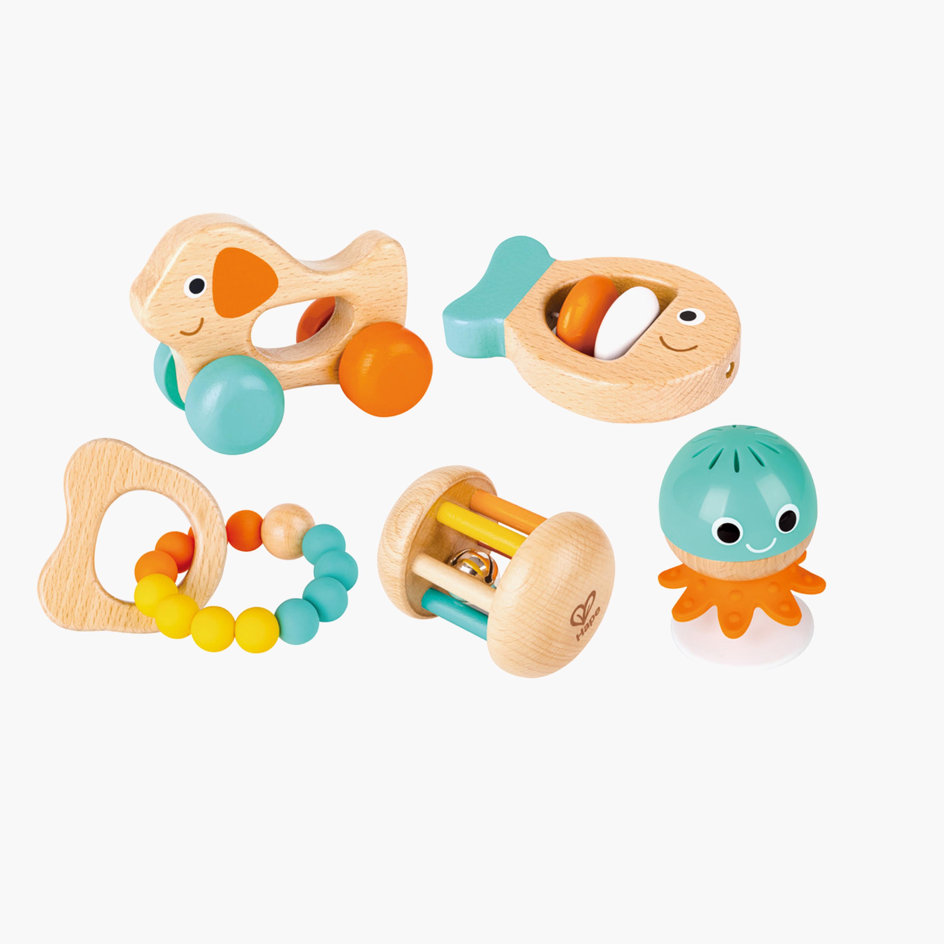 HAPE 5-Piece Multi-Stage Sensory Rattles and Teether Gift Set