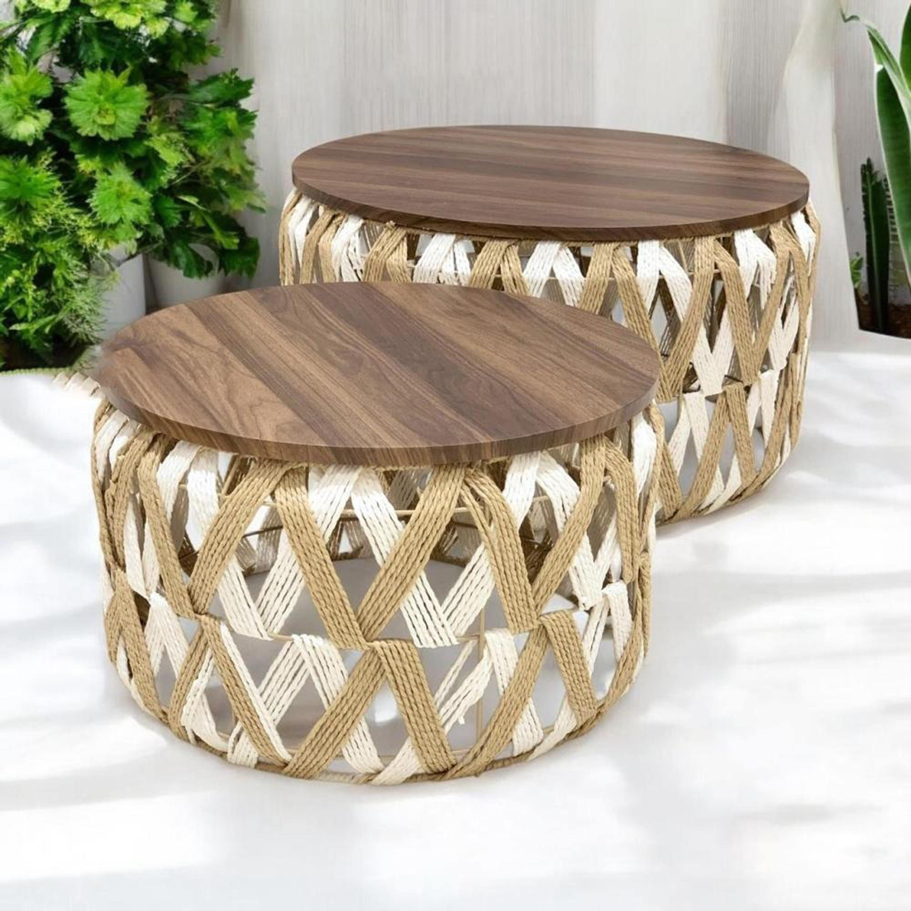 Wooden Top 2-Piece  Wicker Table Set-furniture-livingroom-coffeetables-image-1