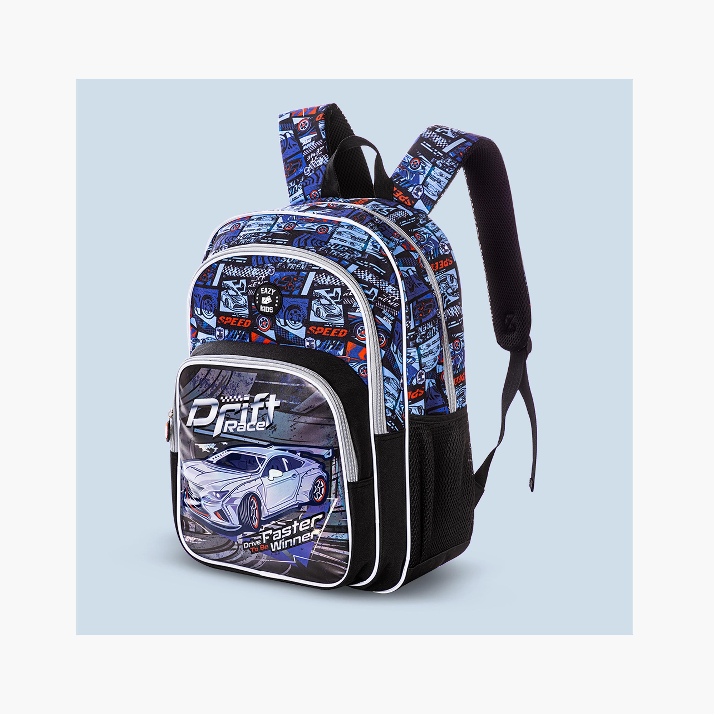 Eazy Kids Printed Backpack with Lunch Bag & Pencil Case - Car Racing - 18 Inch-school-bagsandbackpacks-sets-image-4