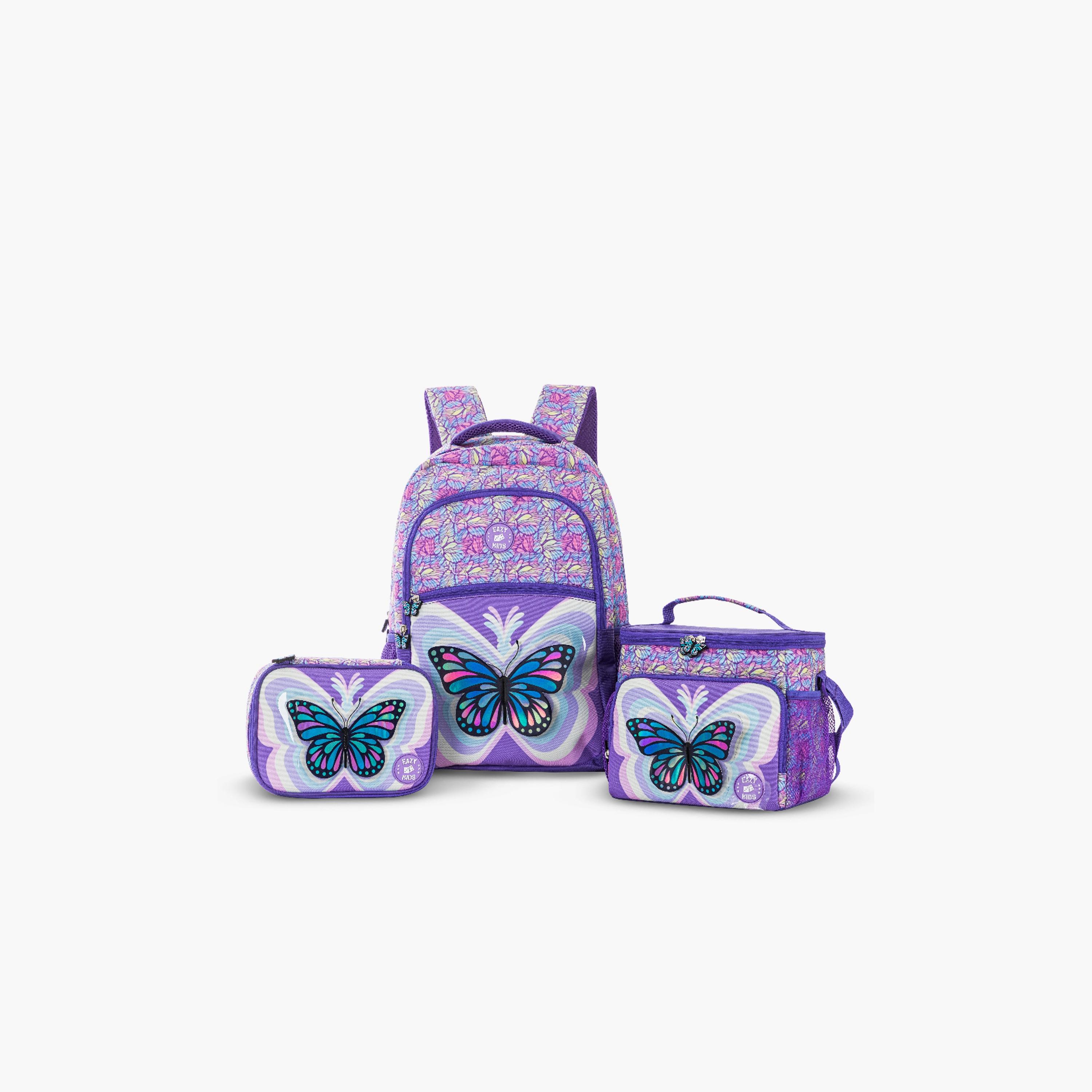Eazy Kids Printed Backpack with Lunch Bag & Pencil Case - 3D Butterfly Purple - 18 Inch-school-bagsandbackpacks-sets-image-1