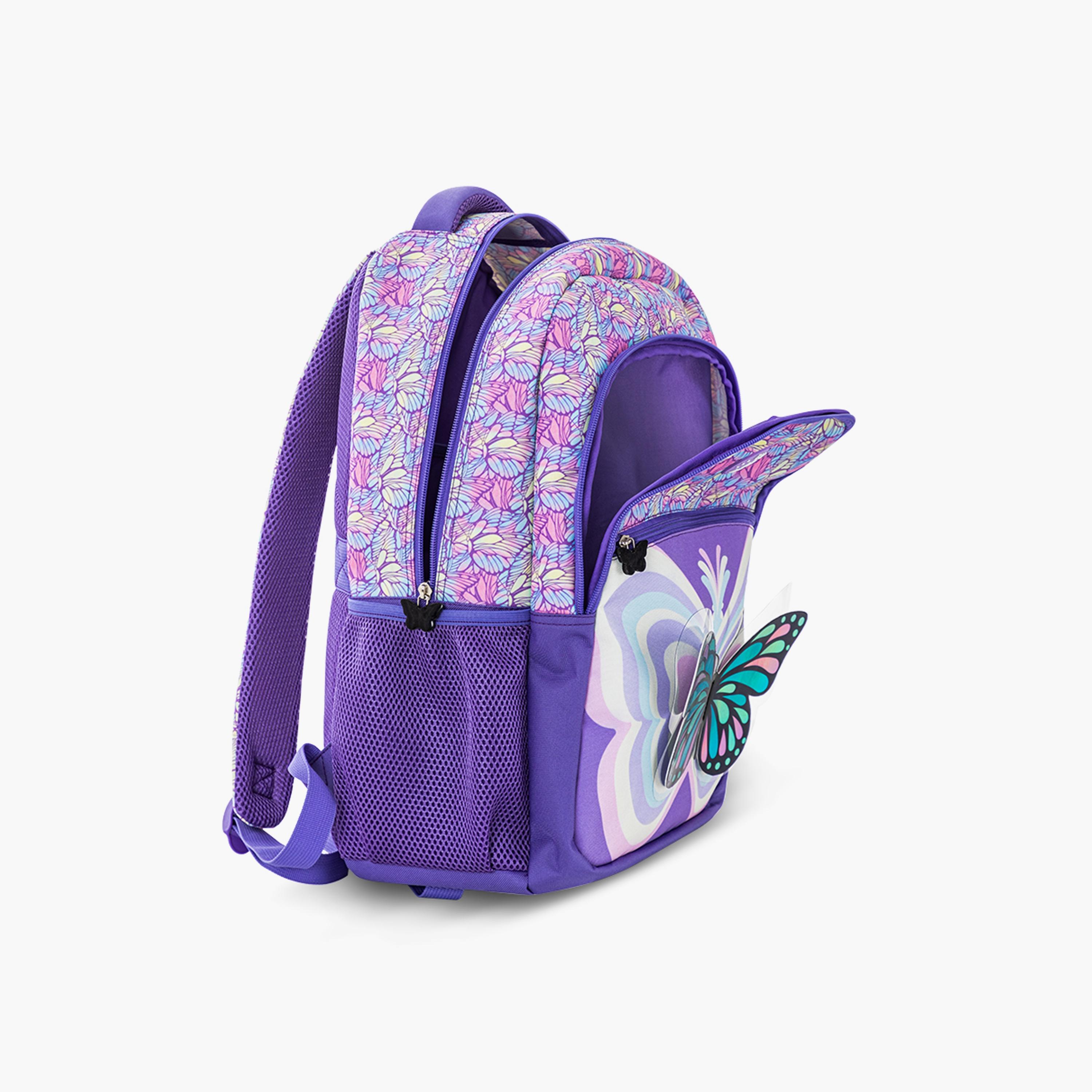 Eazy Kids Printed Backpack with Lunch Bag & Pencil Case - 3D Butterfly Purple - 18 Inch-school-bagsandbackpacks-sets-image-7