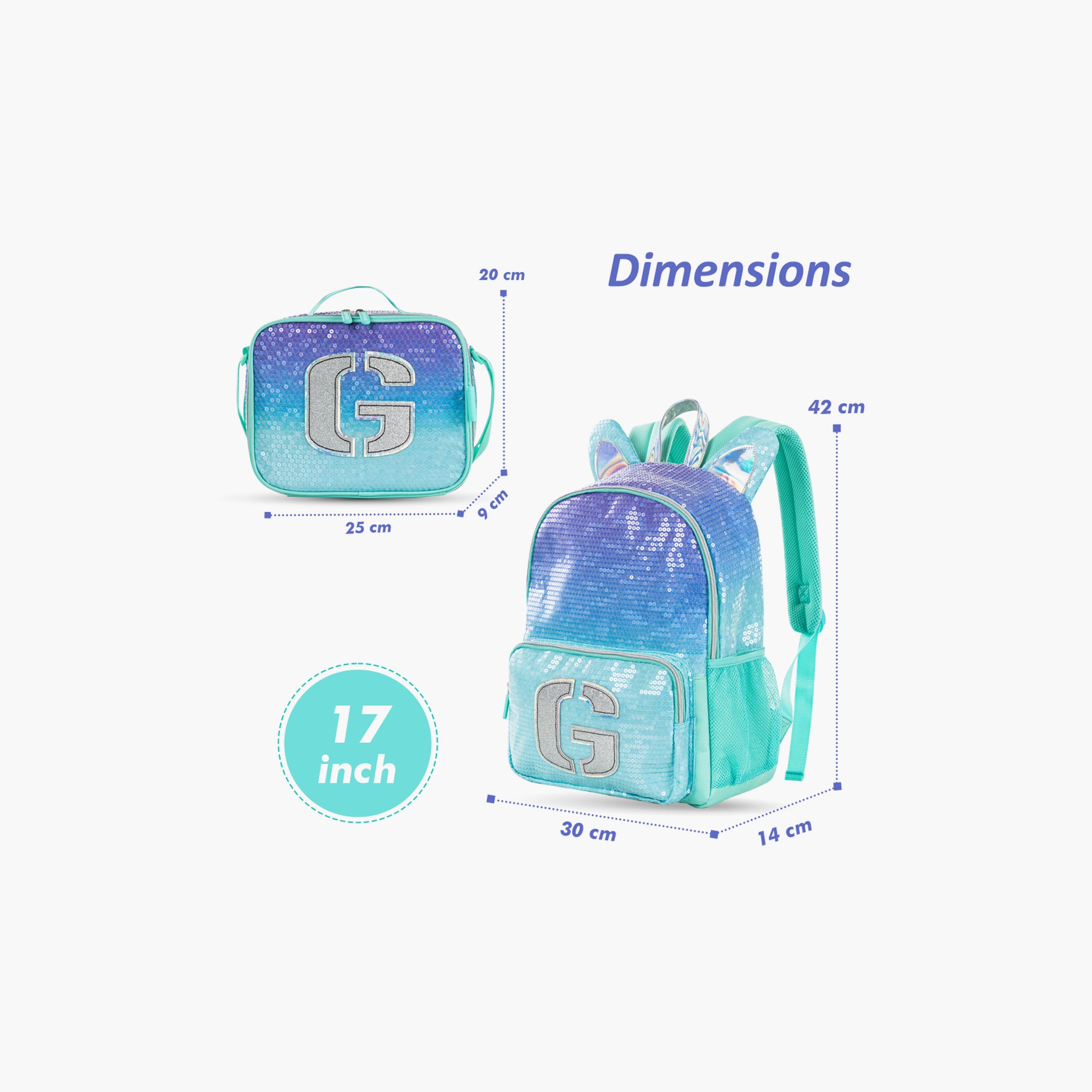 Eazy Kids Printed Backpack with Lunch Bag & Pencil Case - Girl Glitter - Green - 17 Inch-school-bagsandbackpacks-sets-image-2
