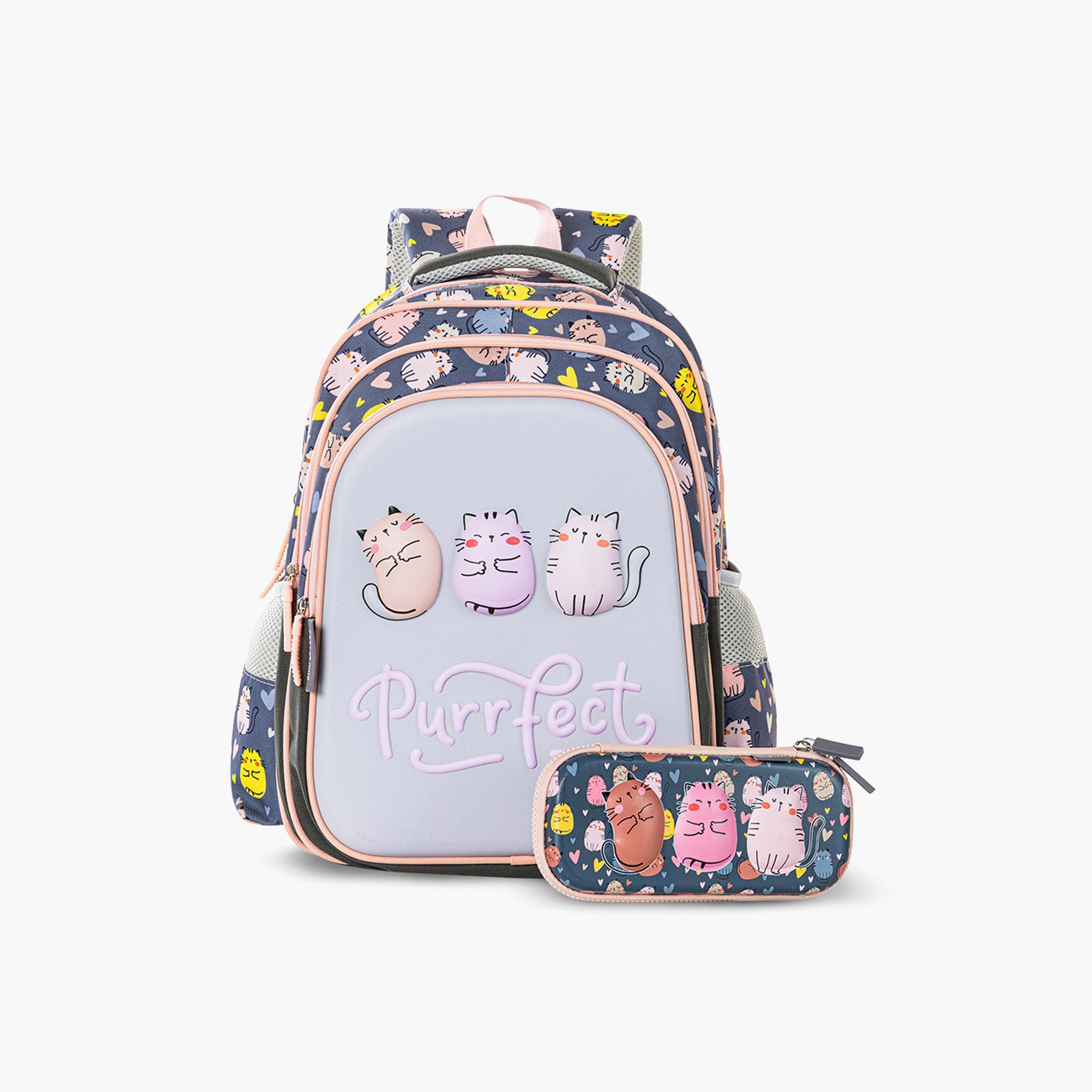 Eazy Kids Printed School Bag with Pencil Case - Purrfect - Grey - 16 Inch-school-bagsandbackpacks-sets-image-1