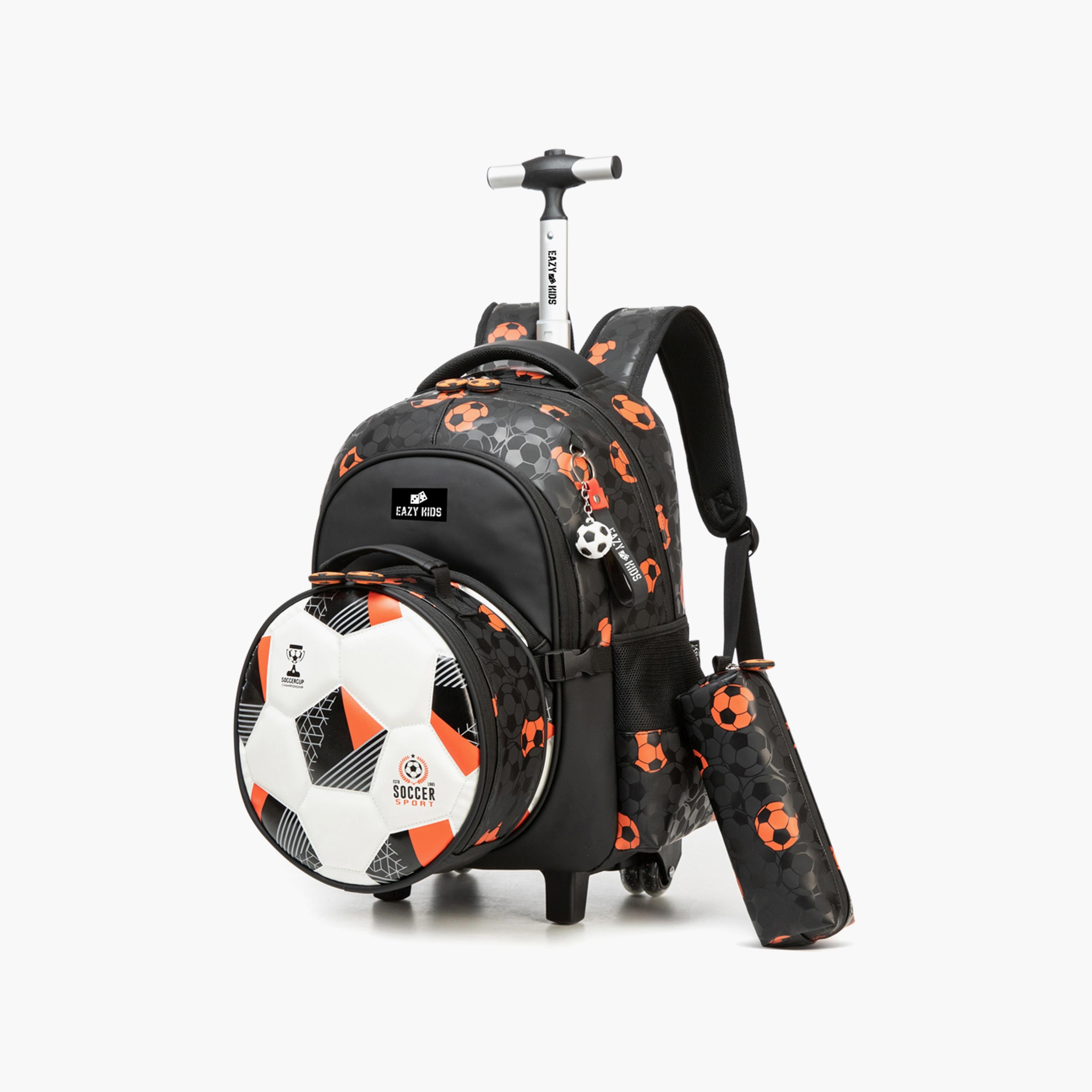 Eazy Kids Printed Trolley School Bag with Lunch Bag & Pencil Case - Football - Black - 18 Inch-school-bagsandbackpacks-trolleybags-image-1